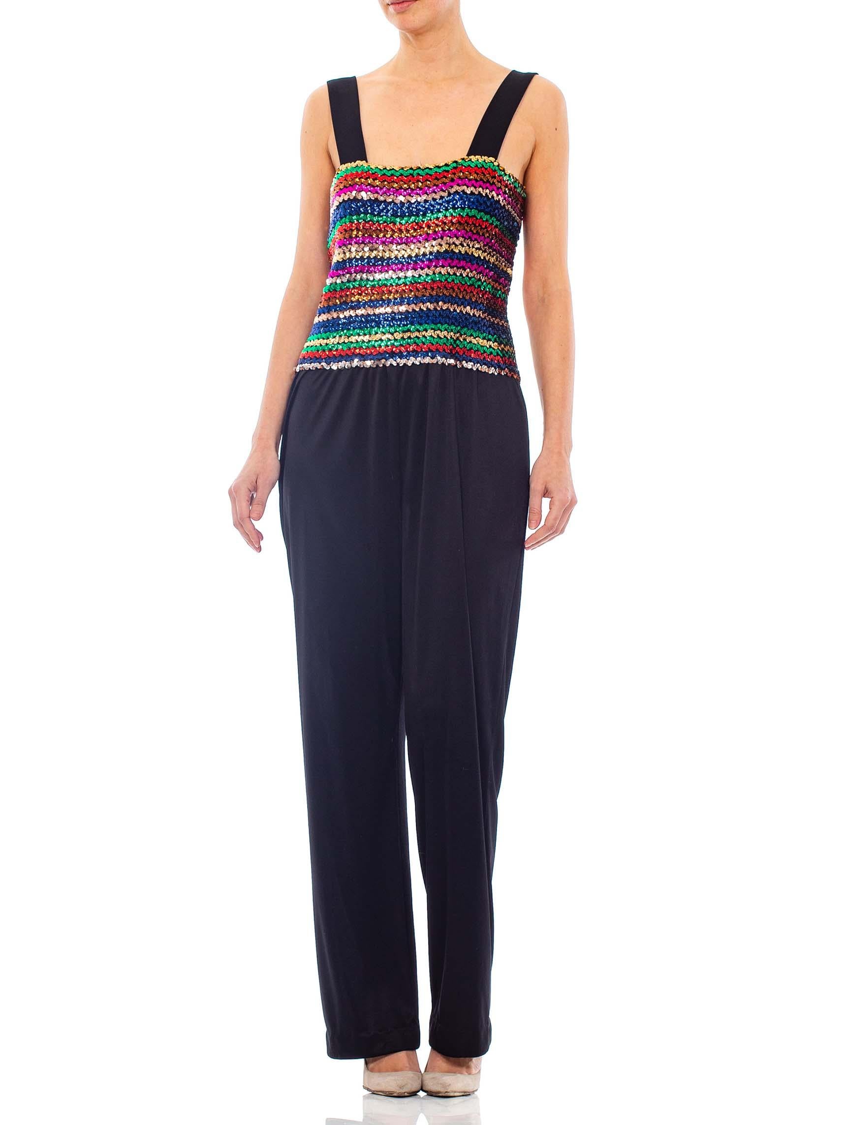 Women's 1970S Black Sequined Polyester Jersey Disco Party Jumpsuit With Vest For Sale
