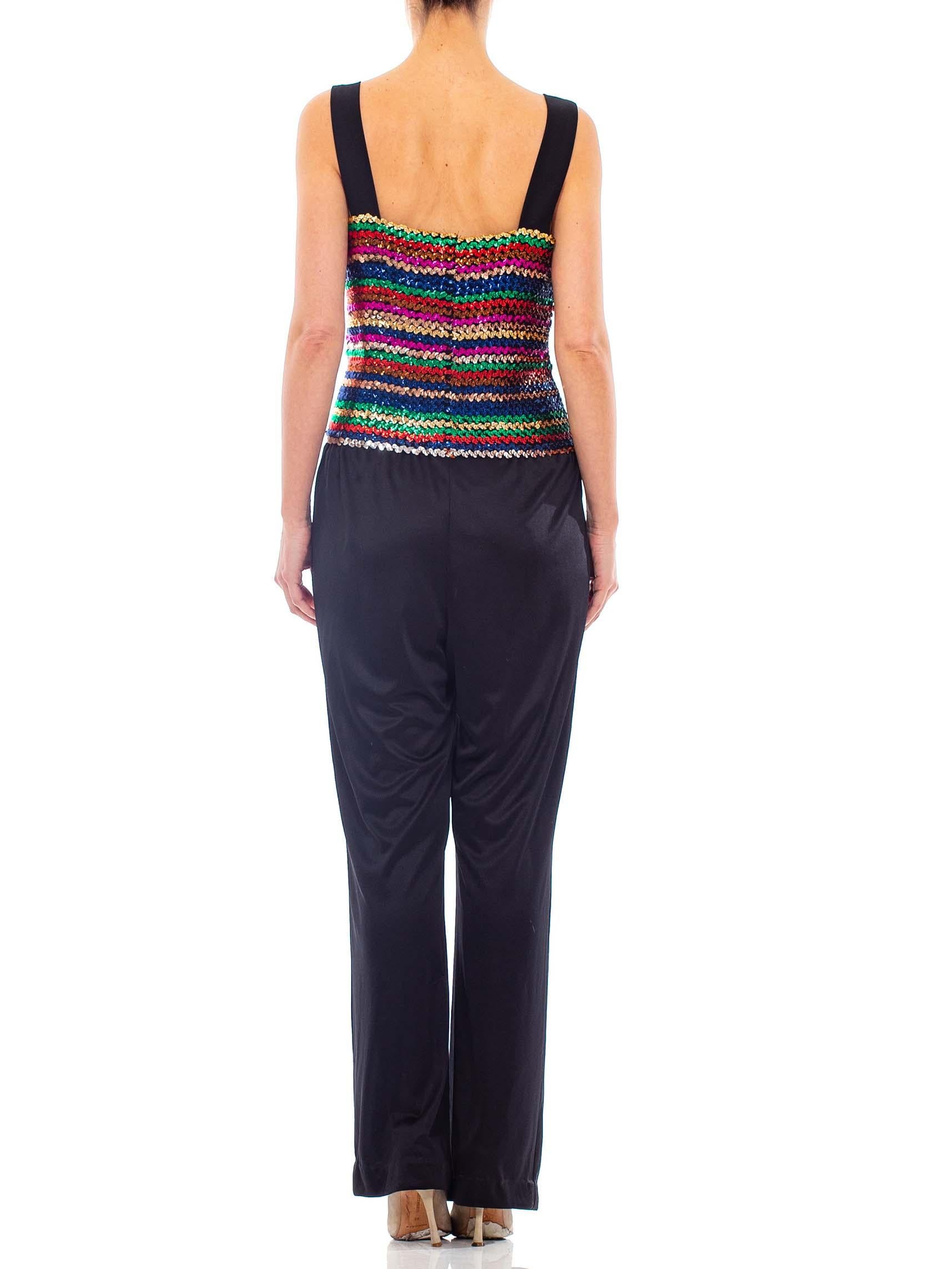 1970S Black Sequined Polyester Jersey Disco Party Jumpsuit With Vest For Sale 5