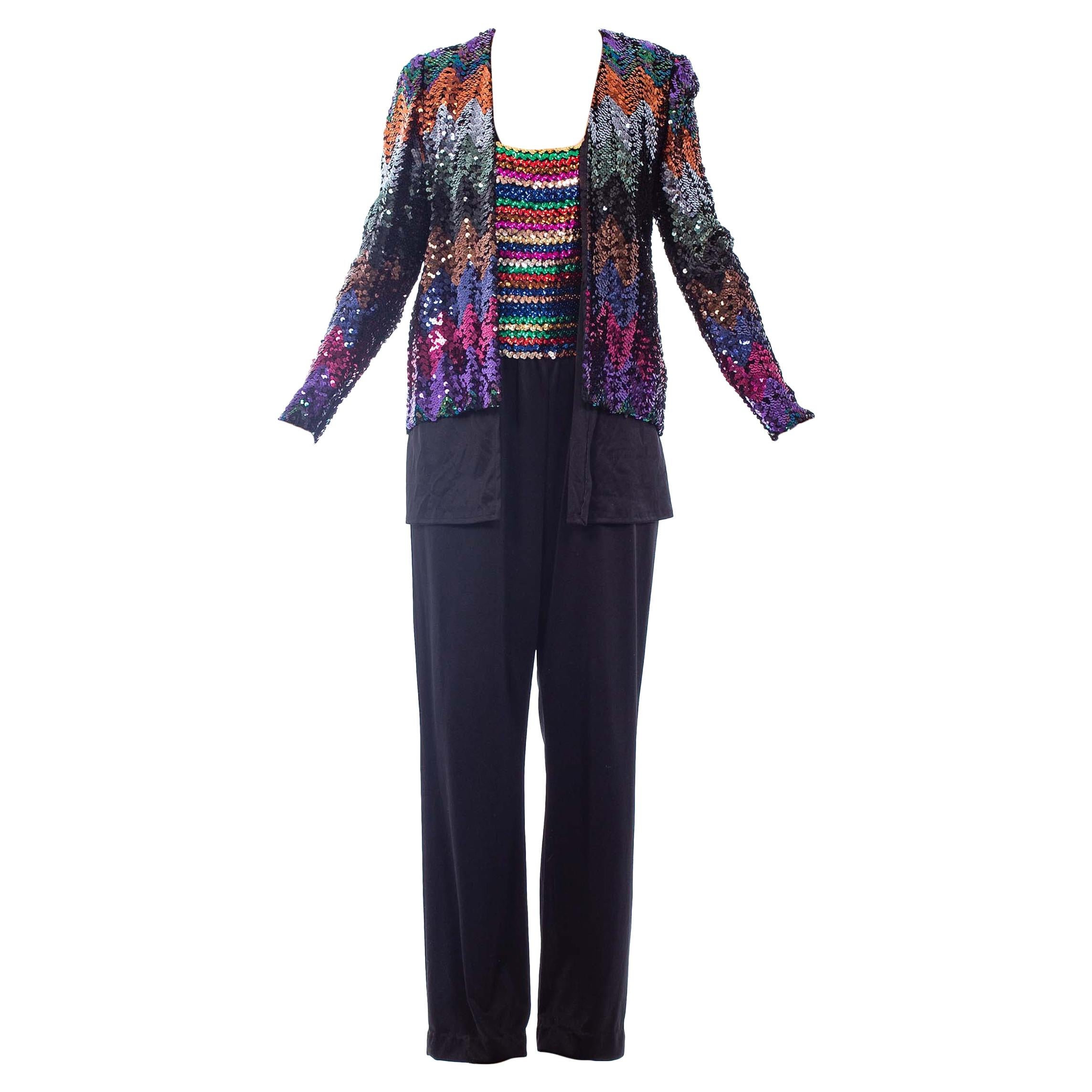 1970S Black Sequined Polyester Jersey Disco Party Jumpsuit With Vest For Sale