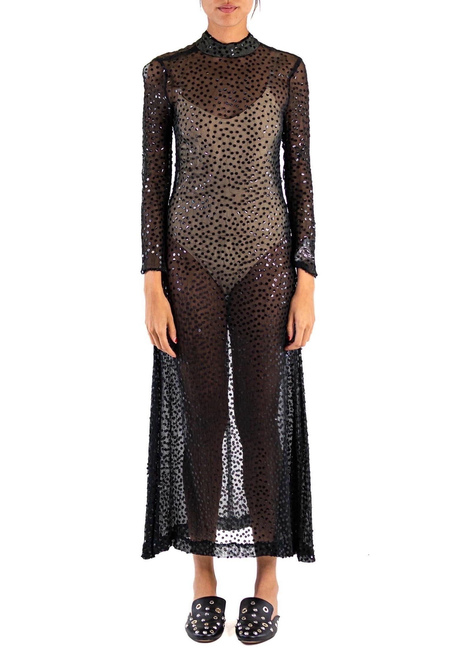 1970S Black Sequined Silk Gauze Long Sleeved Sheer Gown In Excellent Condition For Sale In New York, NY