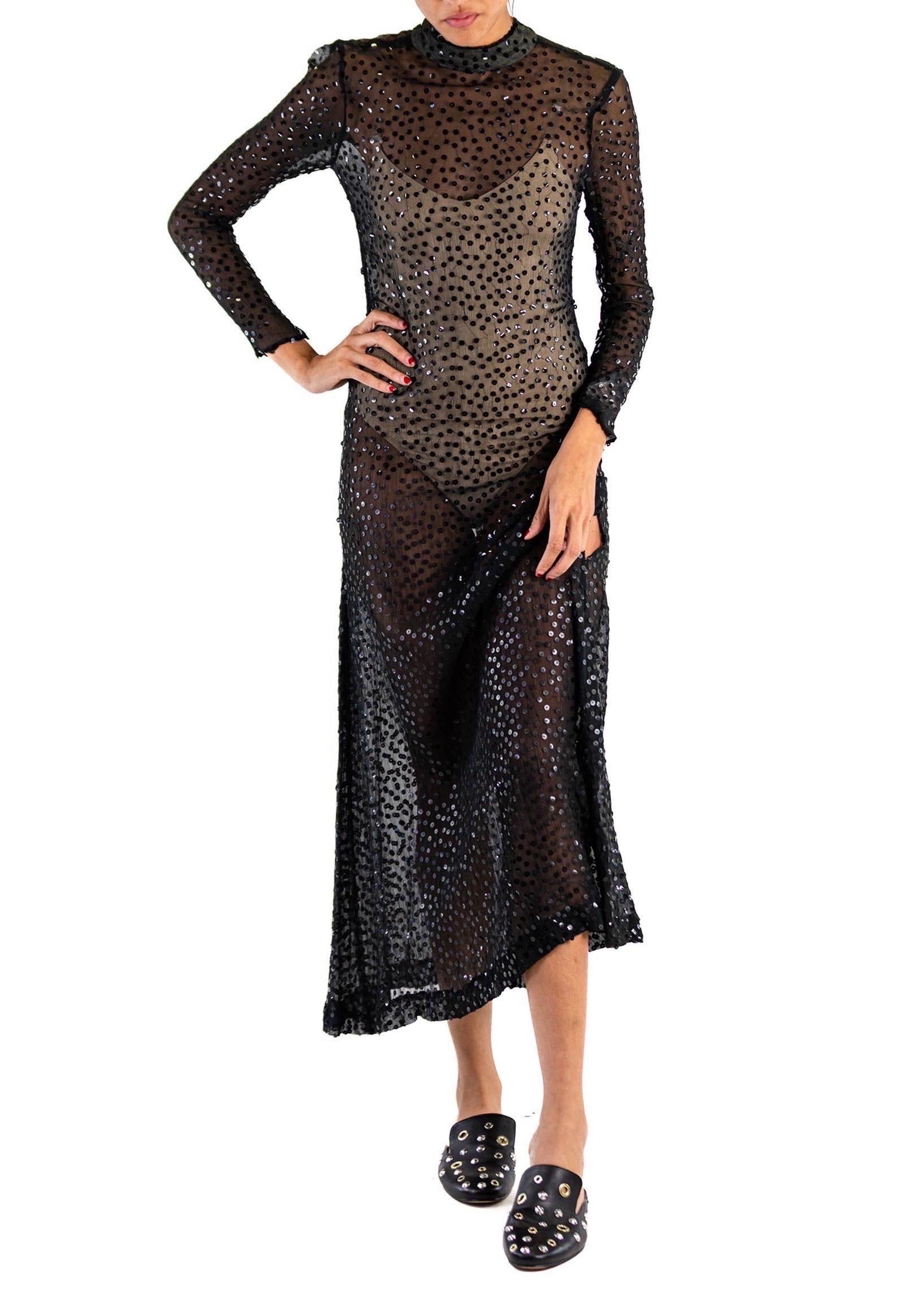 1970S Black Sequined Silk Gauze Long Sleeved Sheer Gown For Sale 3