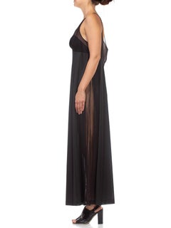 1970S Black Sheer Mesh Bodice Nylon Negligee Slip Dress