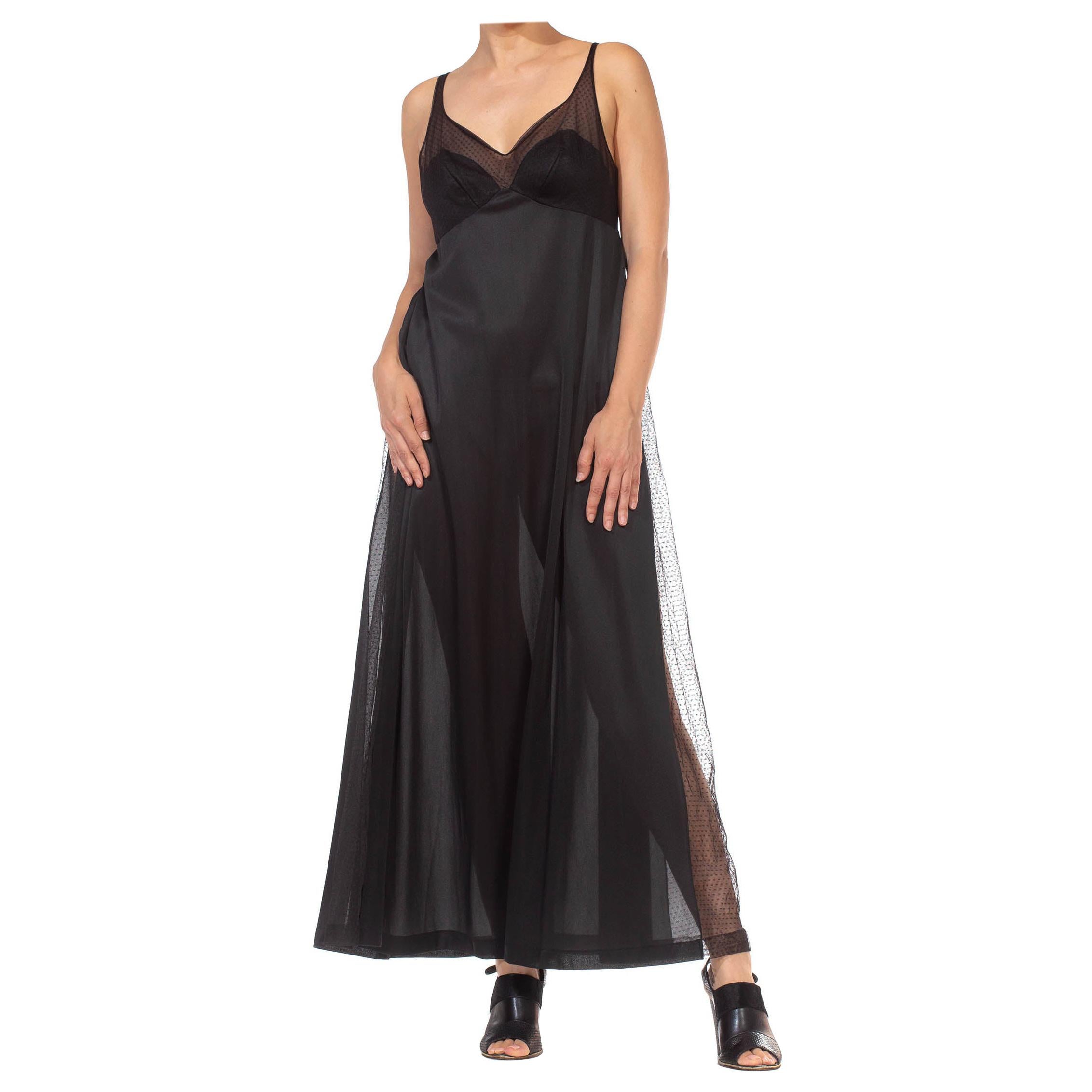 1970S Black Sheer Mesh Bodice Nylon Negligee Slip Dress For Sale