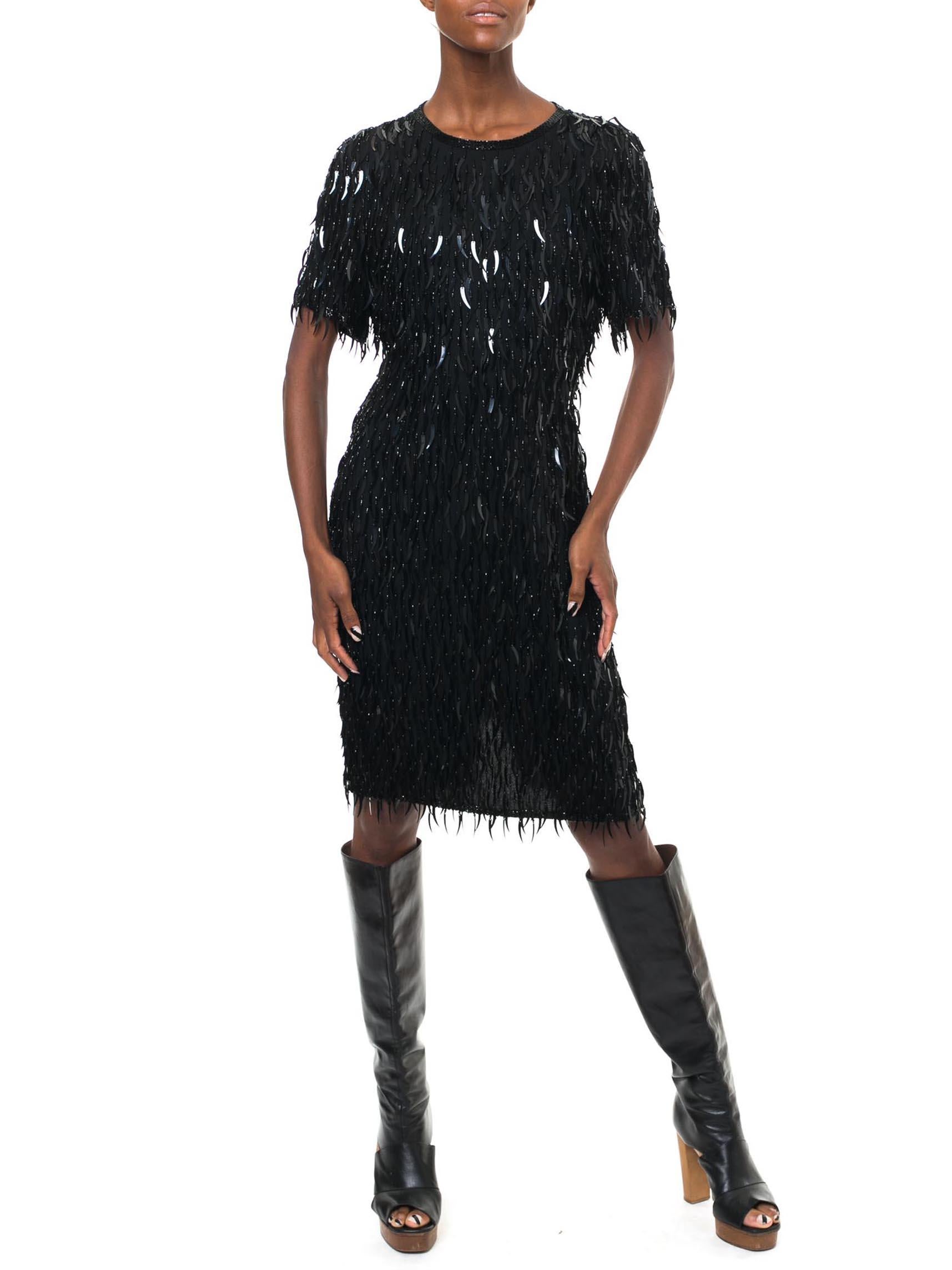 1970S Black Silk Chiffon Beaded Feather Pailette Fringe Cocktail Dress In Excellent Condition In New York, NY