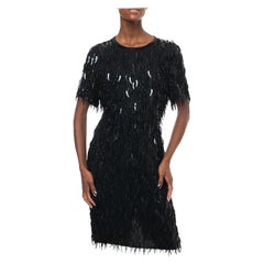 Vintage 1970S Black Silk Chiffon Beaded Feather Pailette Fringe Cocktail Dress