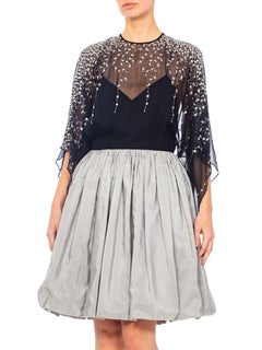 1970S Black Silk Chiffon Embroidered Kimono Sleeve Cocktail Dress With Silver T