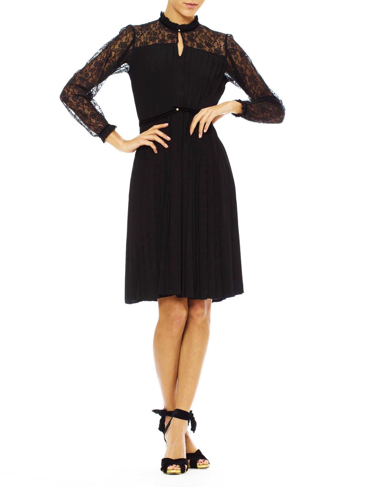 1970S Black Silk Faille Couture Hand Pleated LBD Dress With Lace Sleeves & Vict For Sale 8