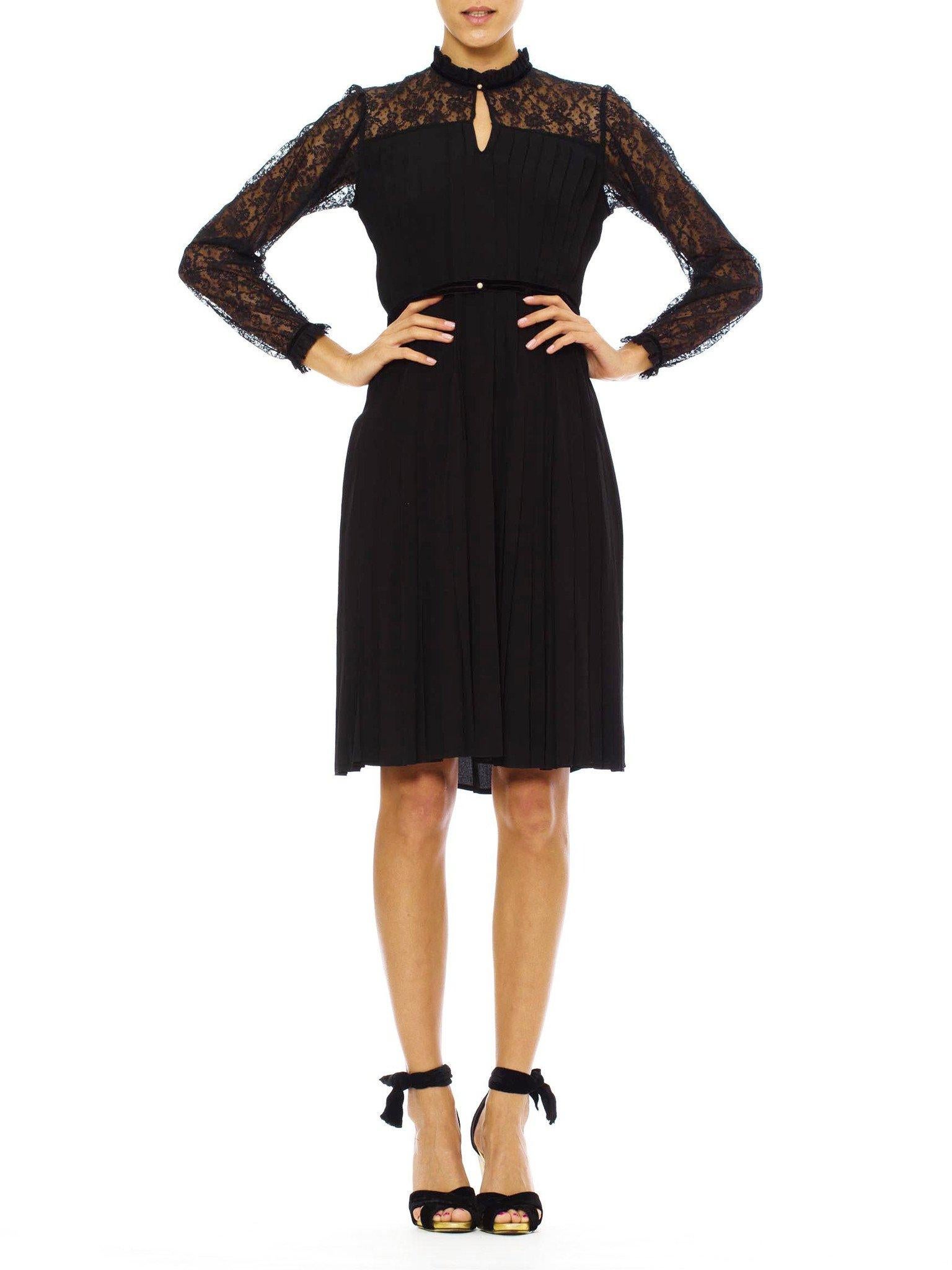 1970S Black Silk Faille Couture Hand Pleated LBD Dress With Lace Sleeves & Victorian Collar