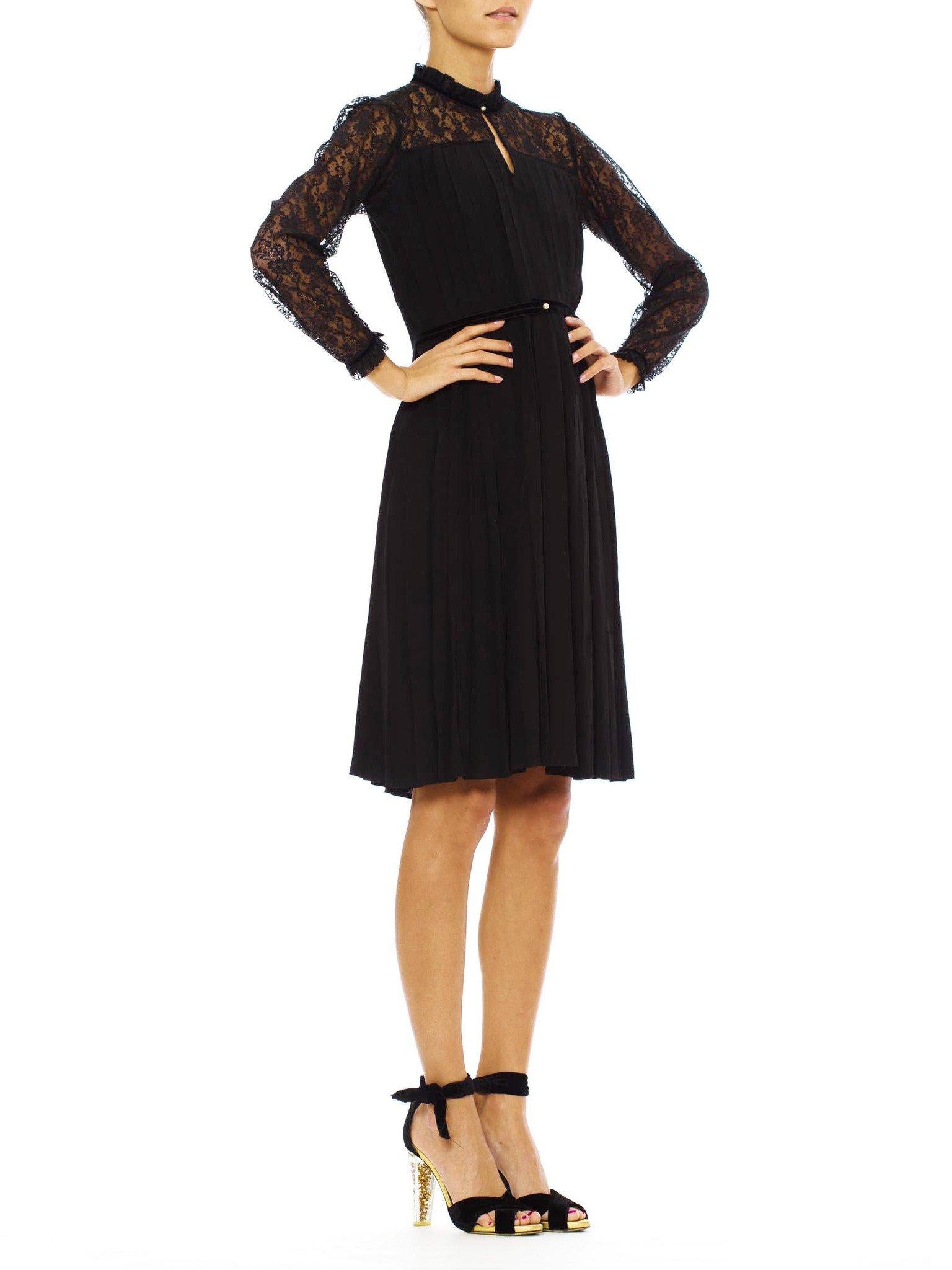 Women's 1970S Black Silk Faille Couture Hand Pleated LBD Dress With Lace Sleeves & Vict For Sale