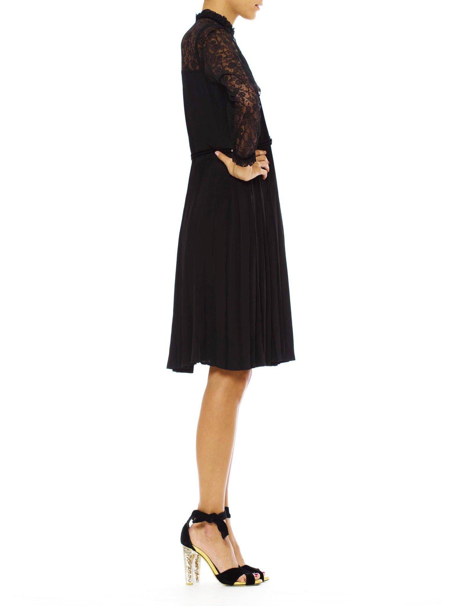 1970S Black Silk Faille Couture Hand Pleated LBD Dress With Lace Sleeves & Vict For Sale 2