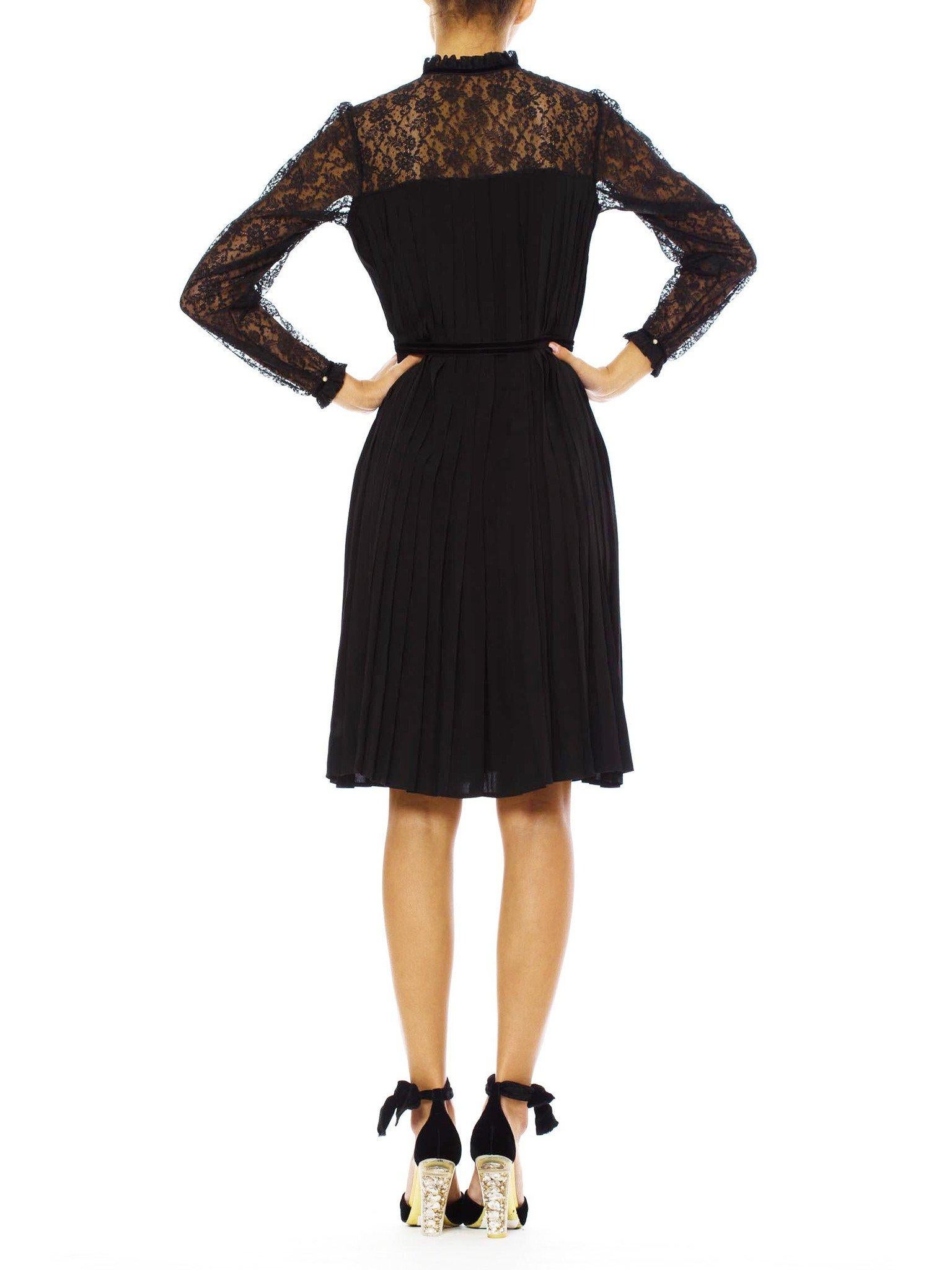 1970S Black Silk Faille Couture Hand Pleated LBD Dress With Lace Sleeves & Vict For Sale 4
