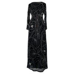 1970s Black Silk Maxi Gown w Silver & White Beadwork in Deco-Style Florals