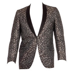 1970S Black & Silver Silk Lamé Floral Smoking Jacket Custom Made