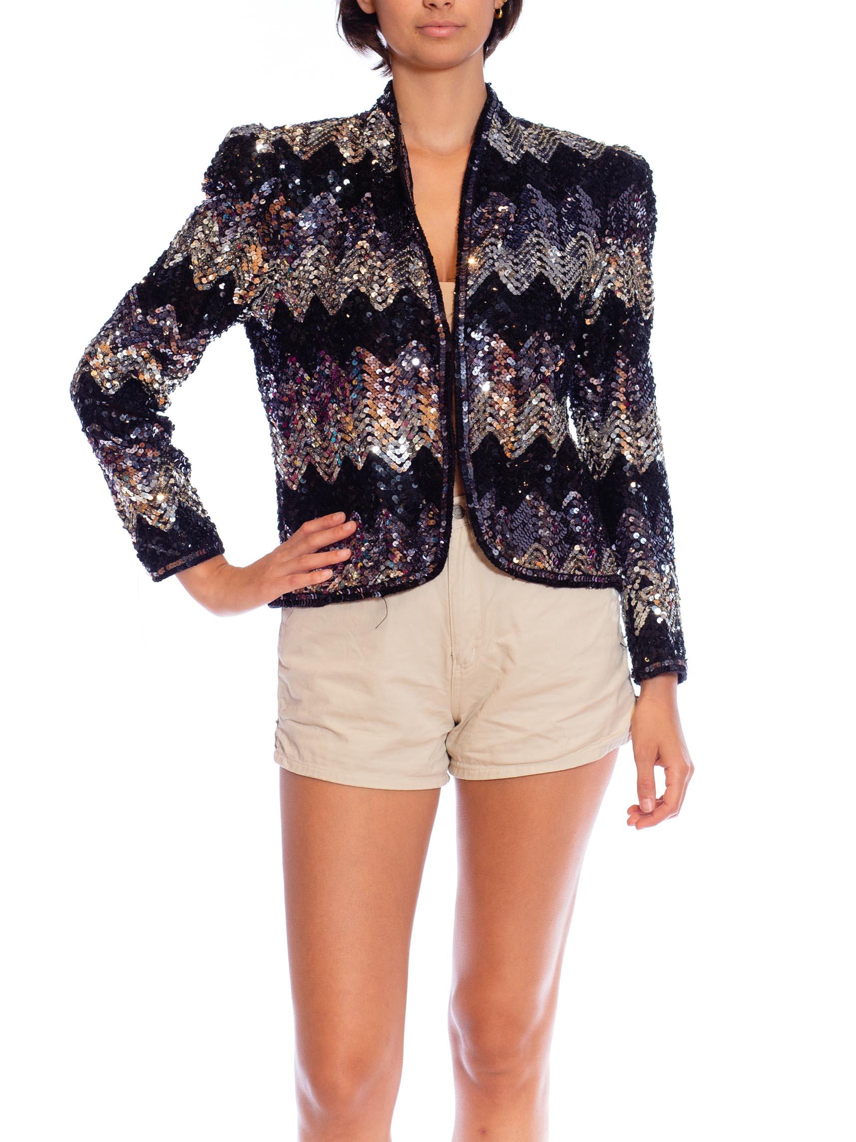 Women's 1970S Black & Silver Zig-Zag Sequin Cropped Evening Jacket