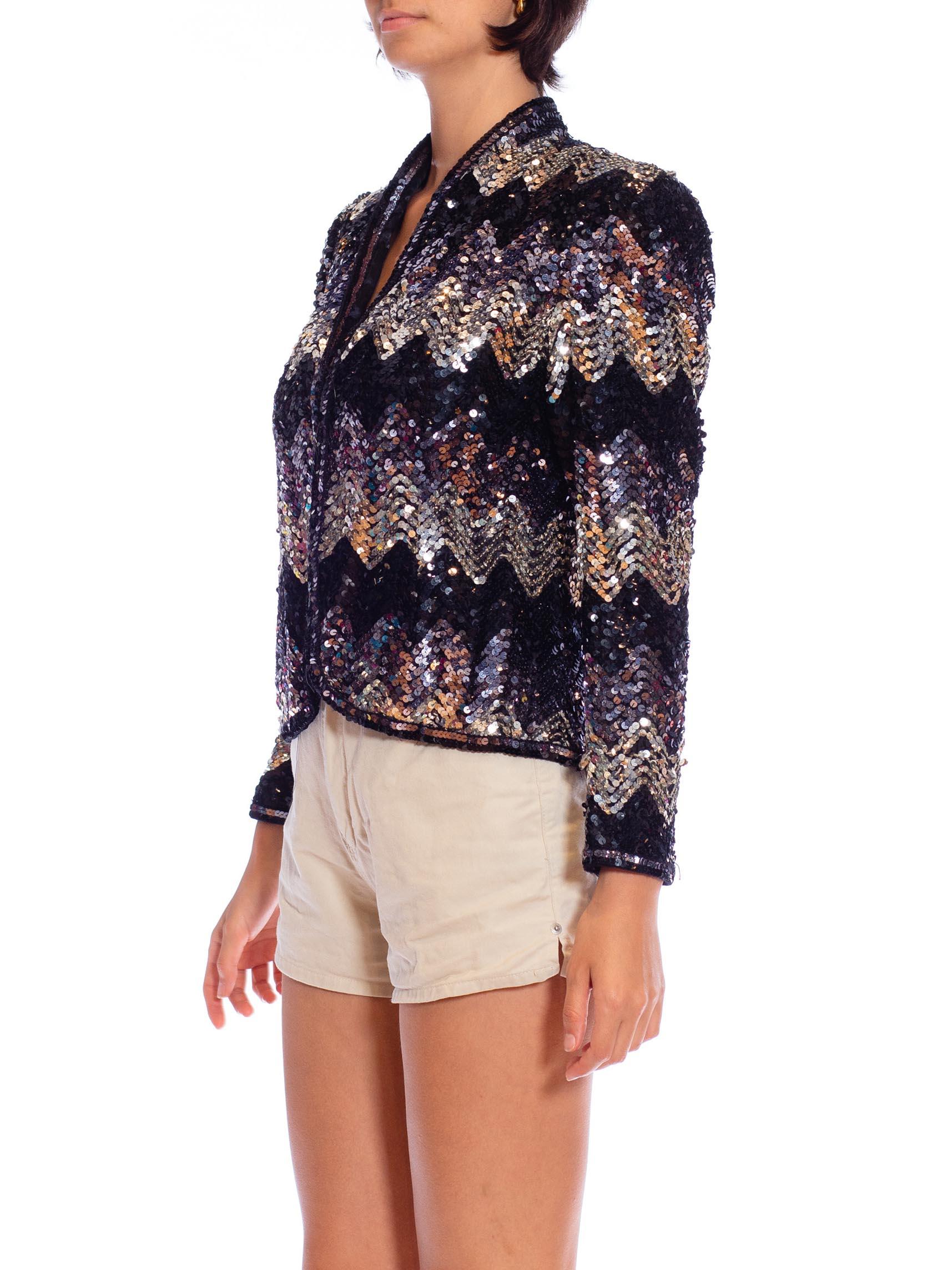 1970S Black & Silver Zig-Zag Sequin Cropped Evening Jacket 4