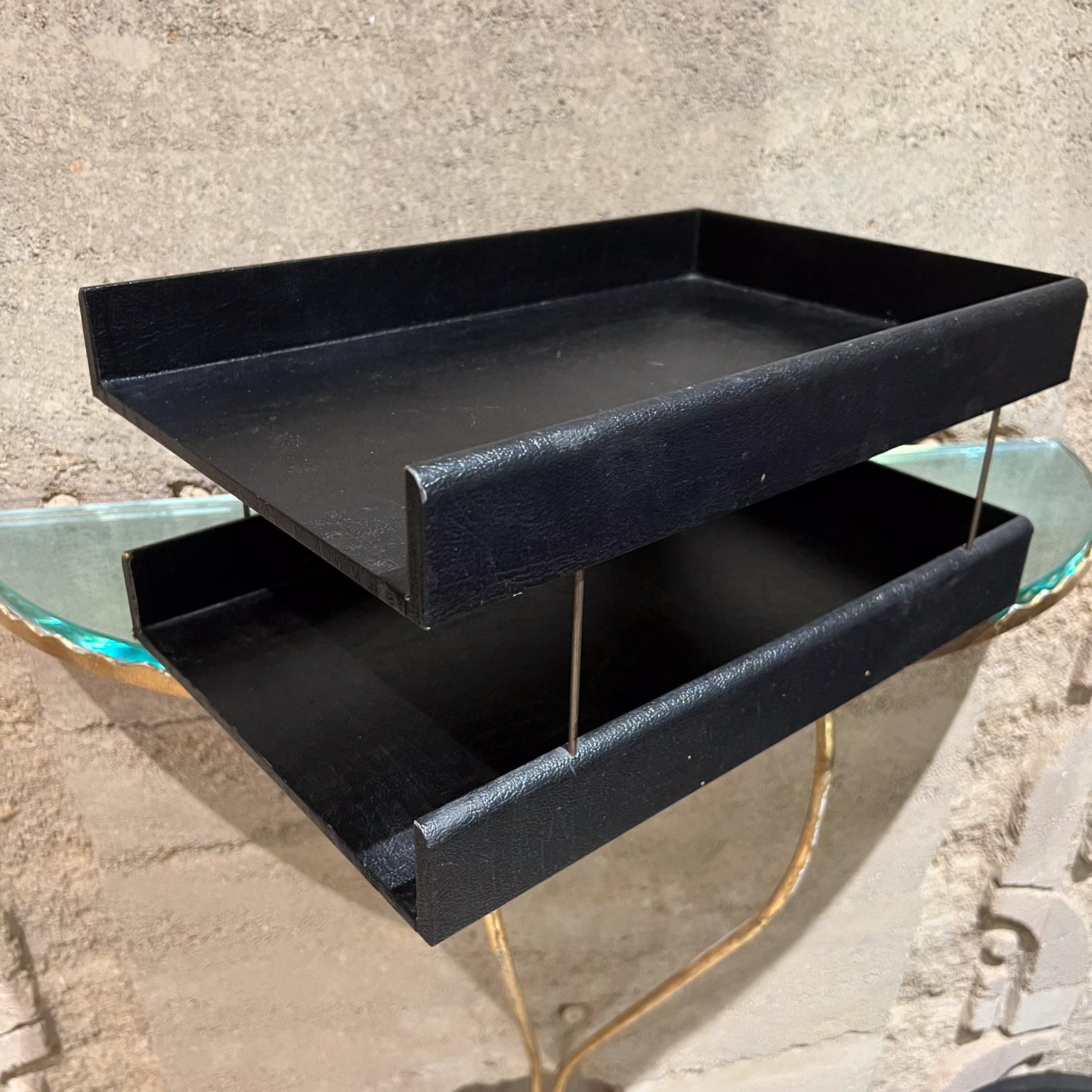 1970s Midcentury Black Tiered Letter Desk Tray Office File 
Wood with faux leather
Scuffs present around edges.
No label.
15 D x 9.88 w x 7 H
Preowned original vintage condition. See all images.
Firm and sturdy.