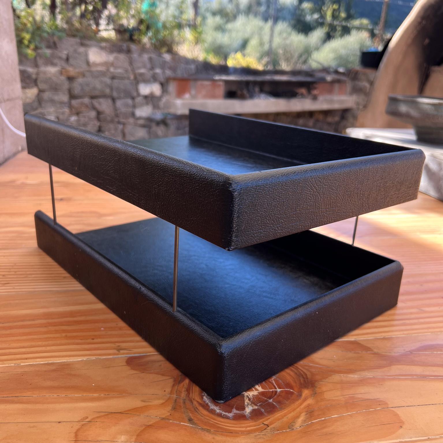 Faux Leather 1970s Black Desk Tray Tiered Office Letter File For Sale