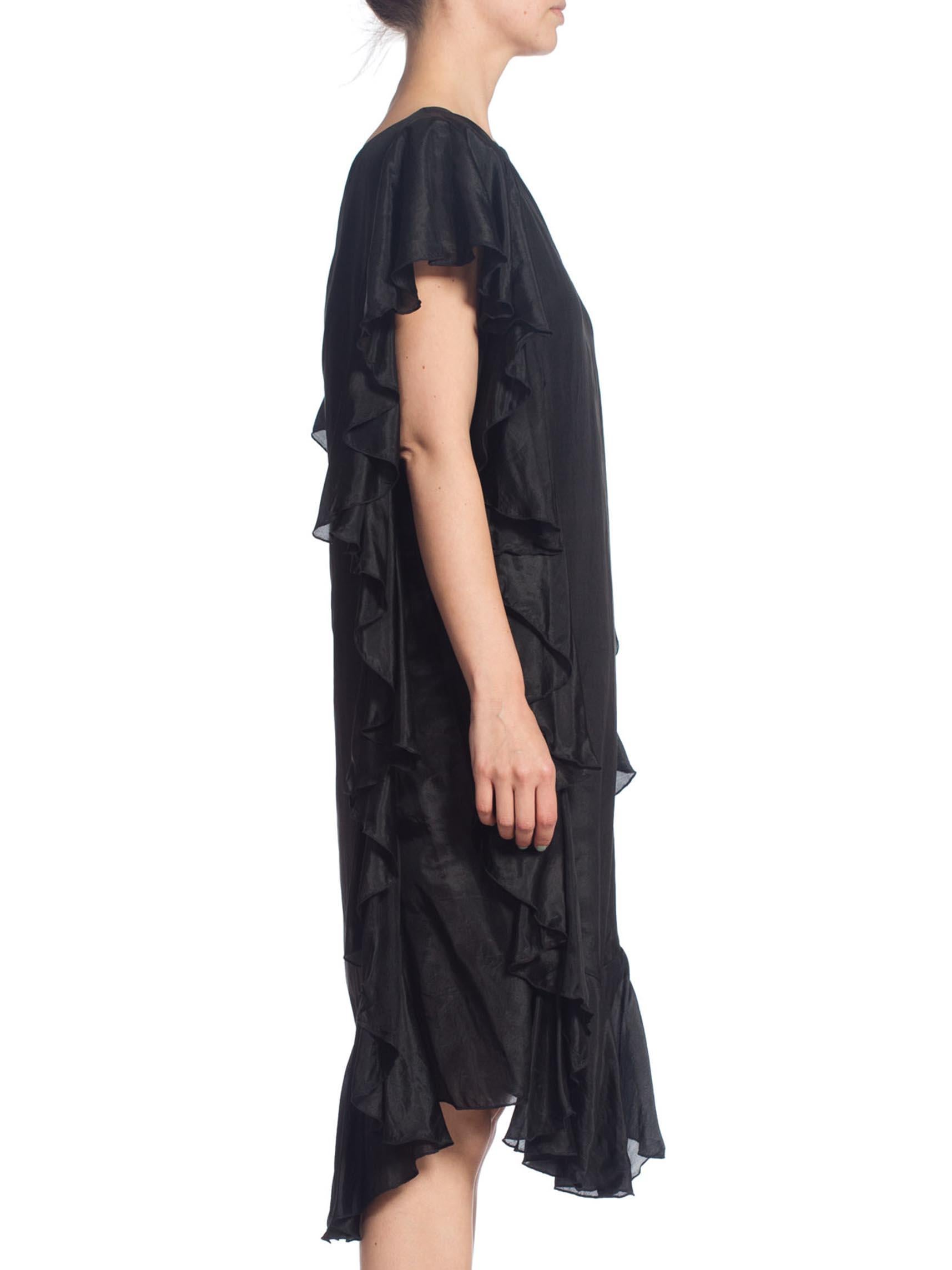 Women's 1970S Black Silk Ruffled Tunic Dress