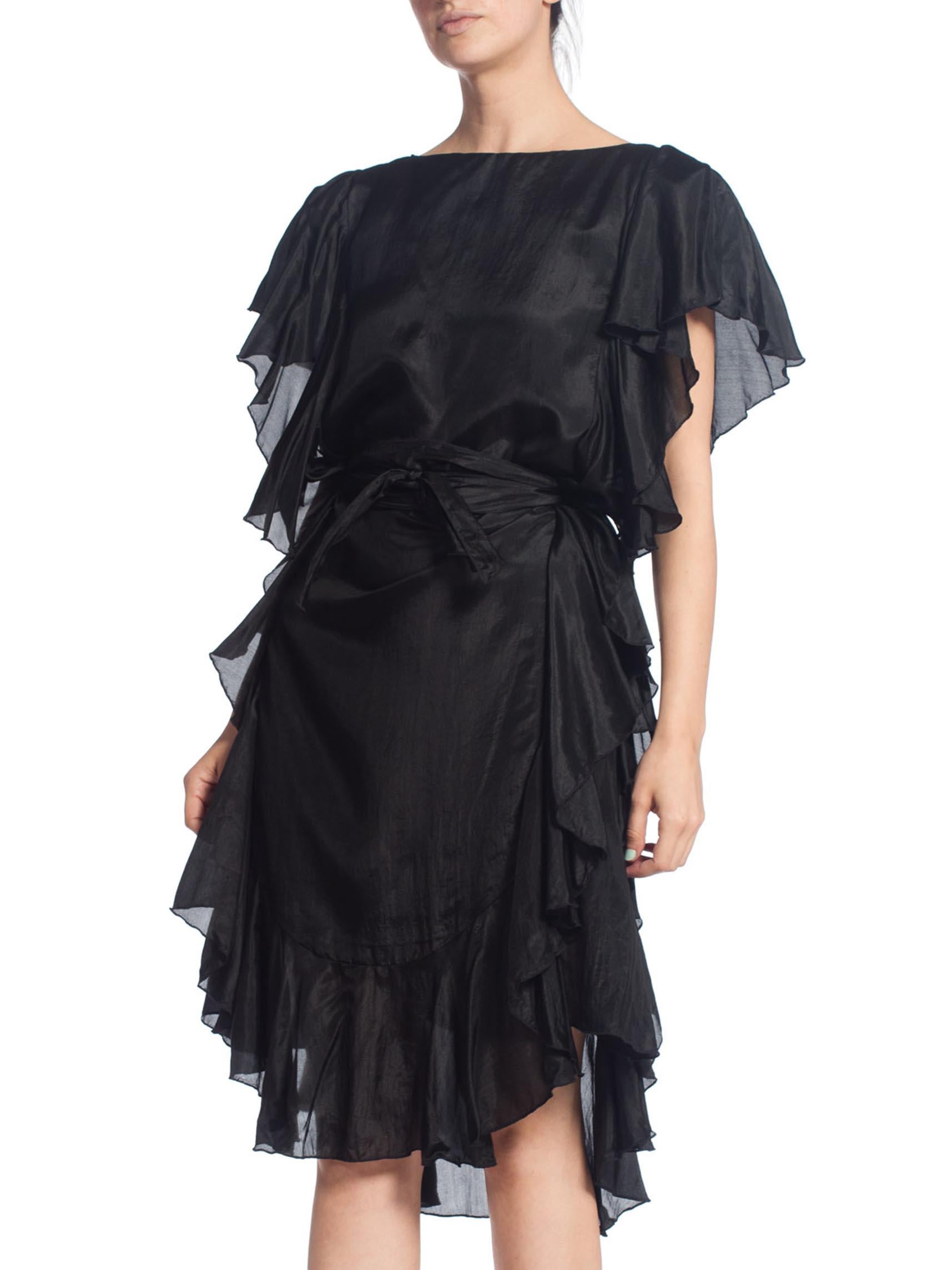 1970S Black Silk Ruffled Tunic Dress 1