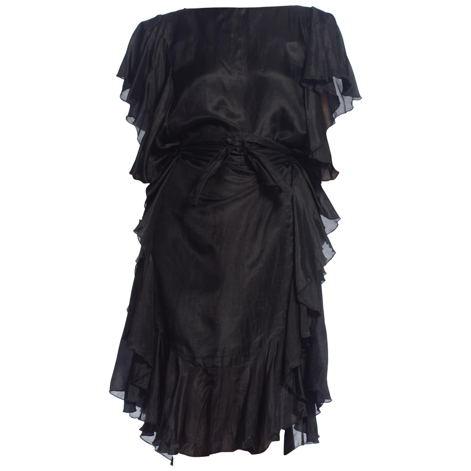 1970S Black Silk Ruffled Tunic Dress