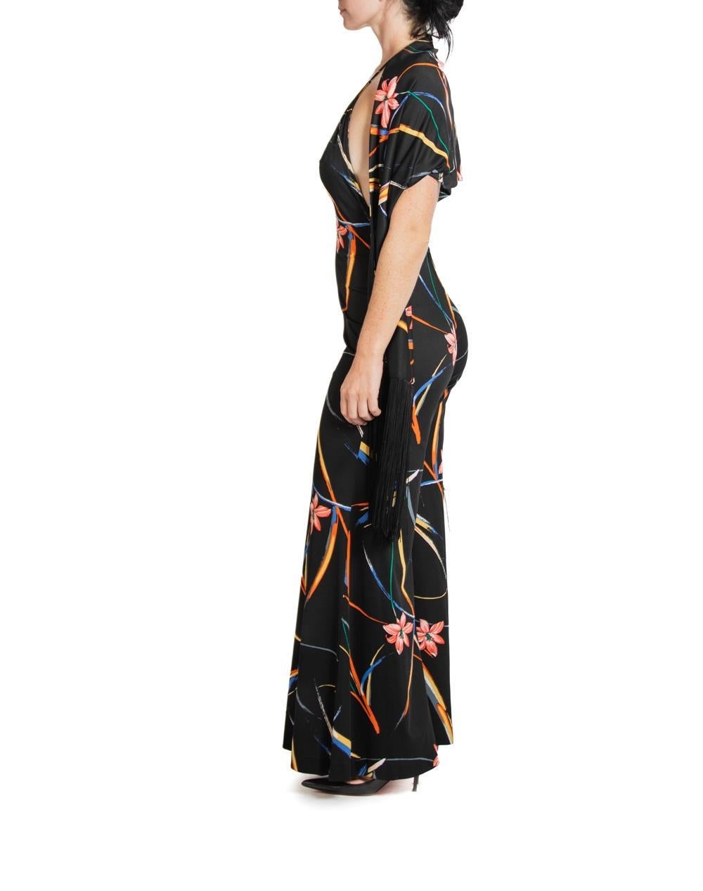 Women's 1970S Black & Tropical Rayon Jumpsuit With Matching Shawl For Sale