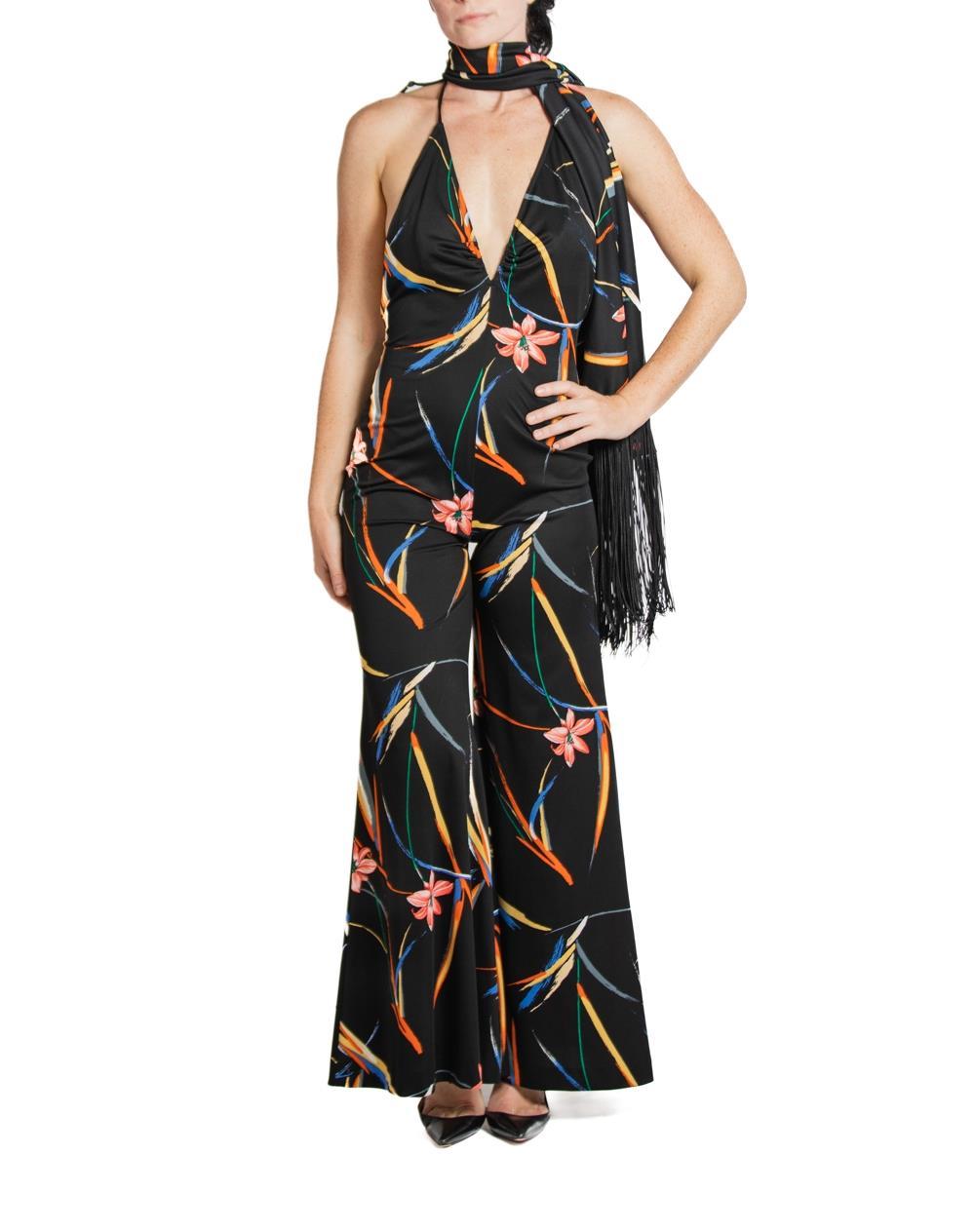 1970S Black & Tropical Rayon Jumpsuit With Matching Shawl For Sale 3