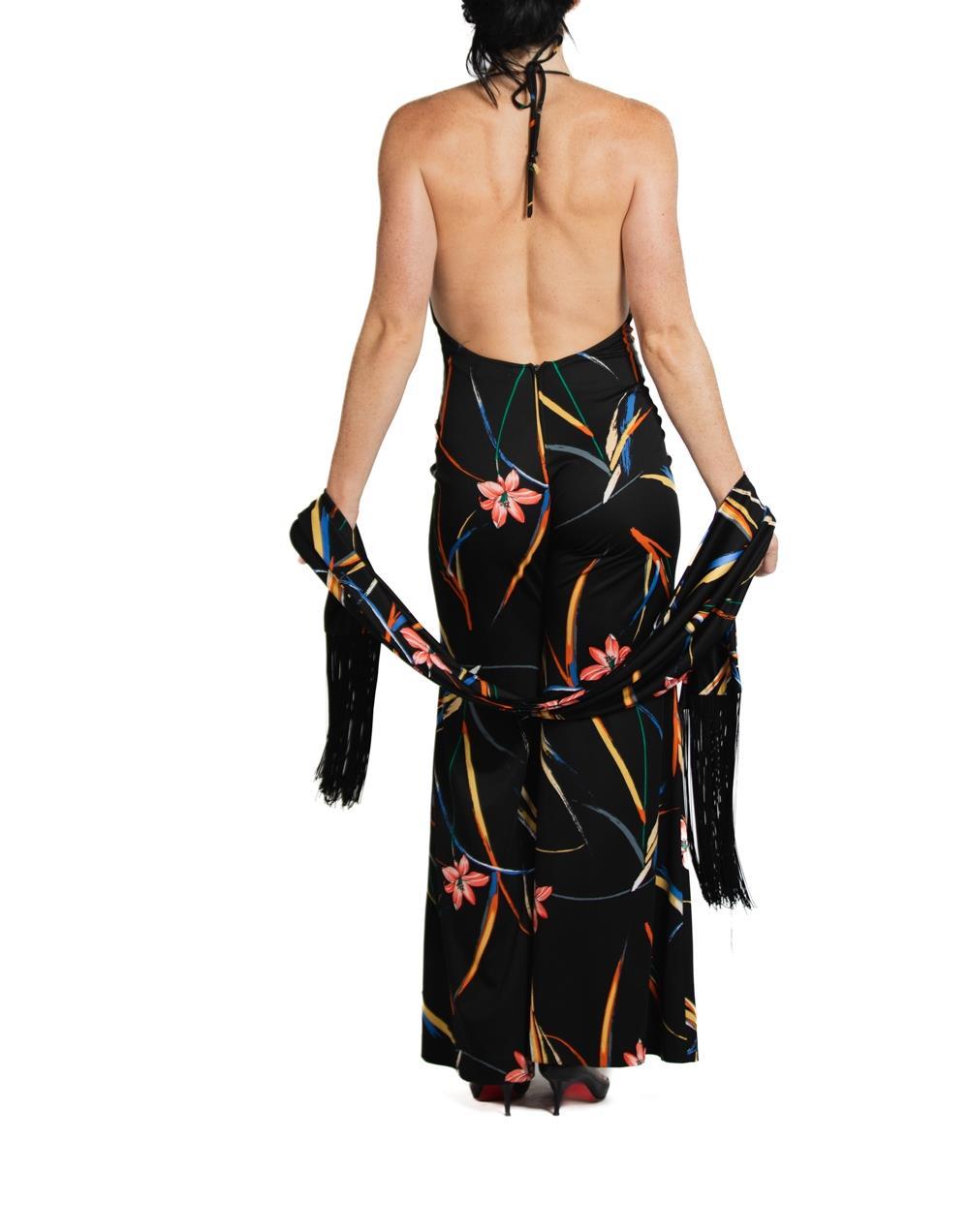 1970S Black & Tropical Rayon Jumpsuit With Matching Shawl For Sale 4