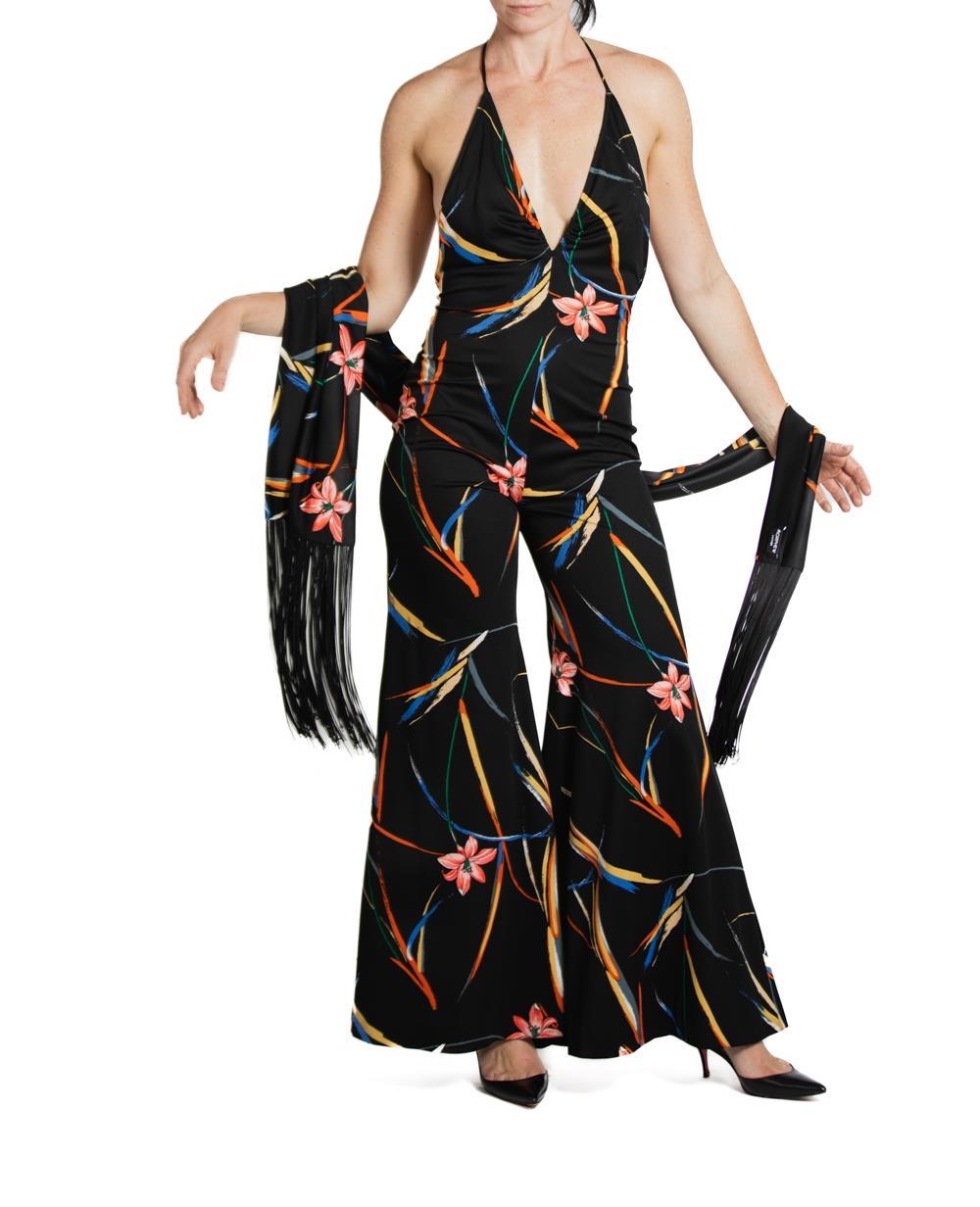 1970S Black & Tropical Rayon Jumpsuit With Matching Shawl For Sale 5