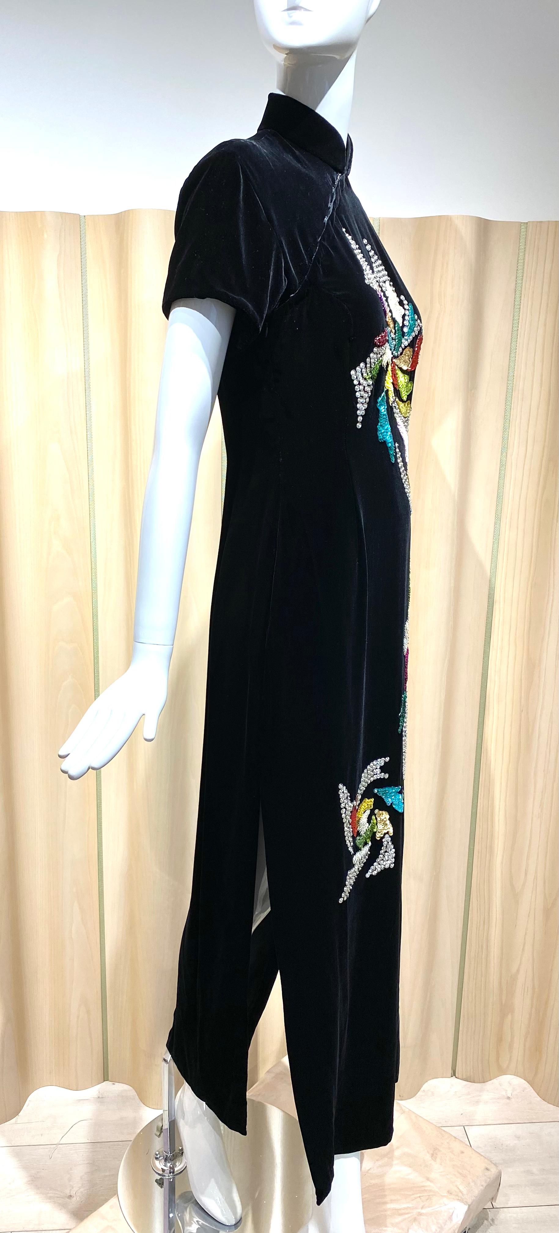 1970s Black Velvet Chinese Qi Pao Embroidered Cocktail Dress with Sequins  7