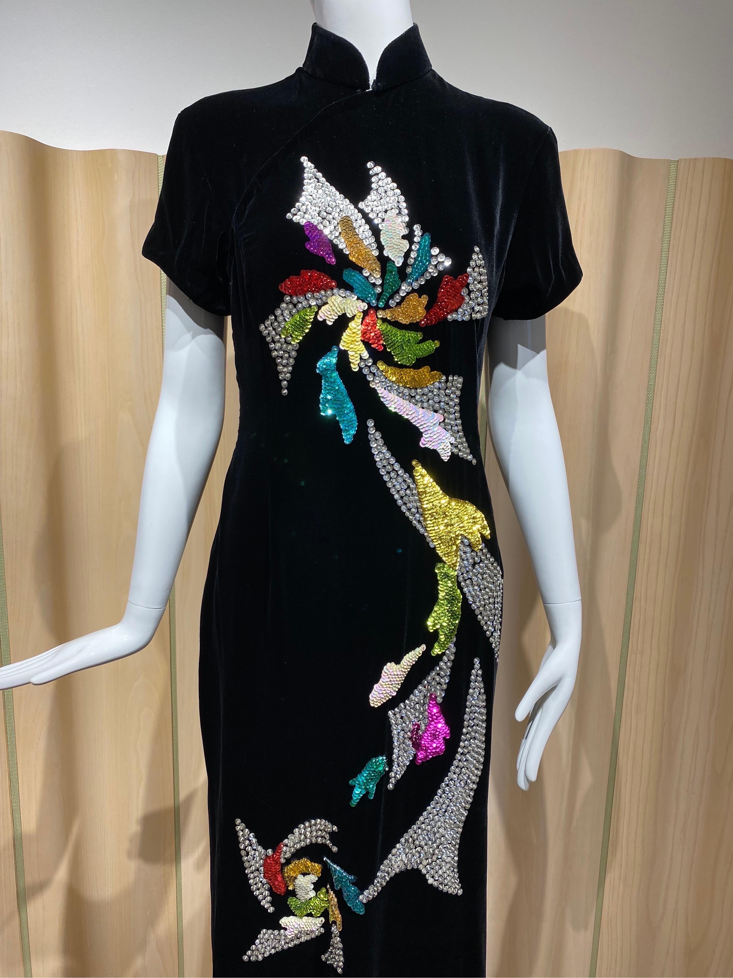 1970s Black Velvet Chinese Qi Pao Embroidered Cocktail Dress with Sequins  1
