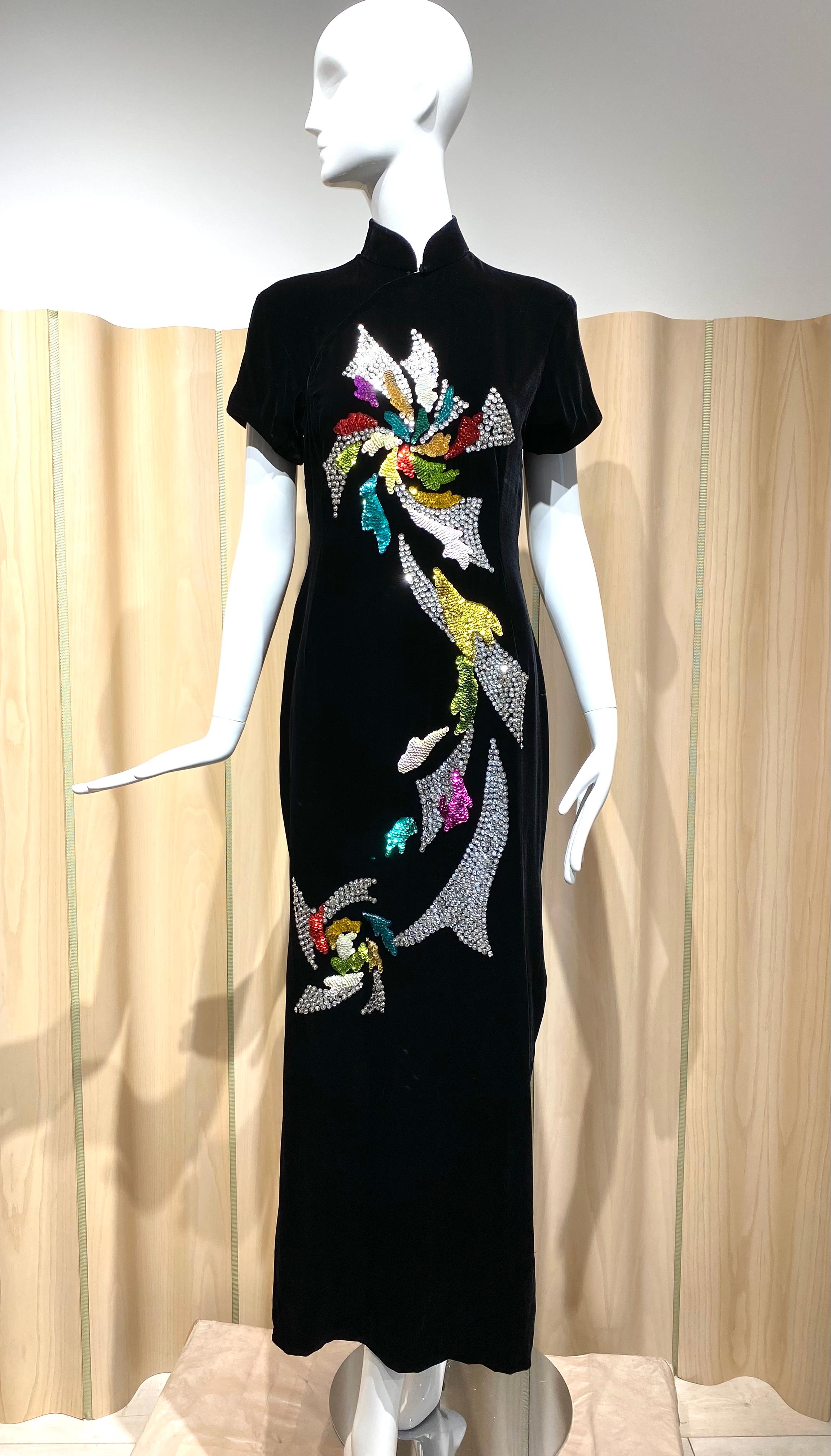 1970s Black Velvet Chinese Qi Pao Embroidered Cocktail Dress with Sequins  4
