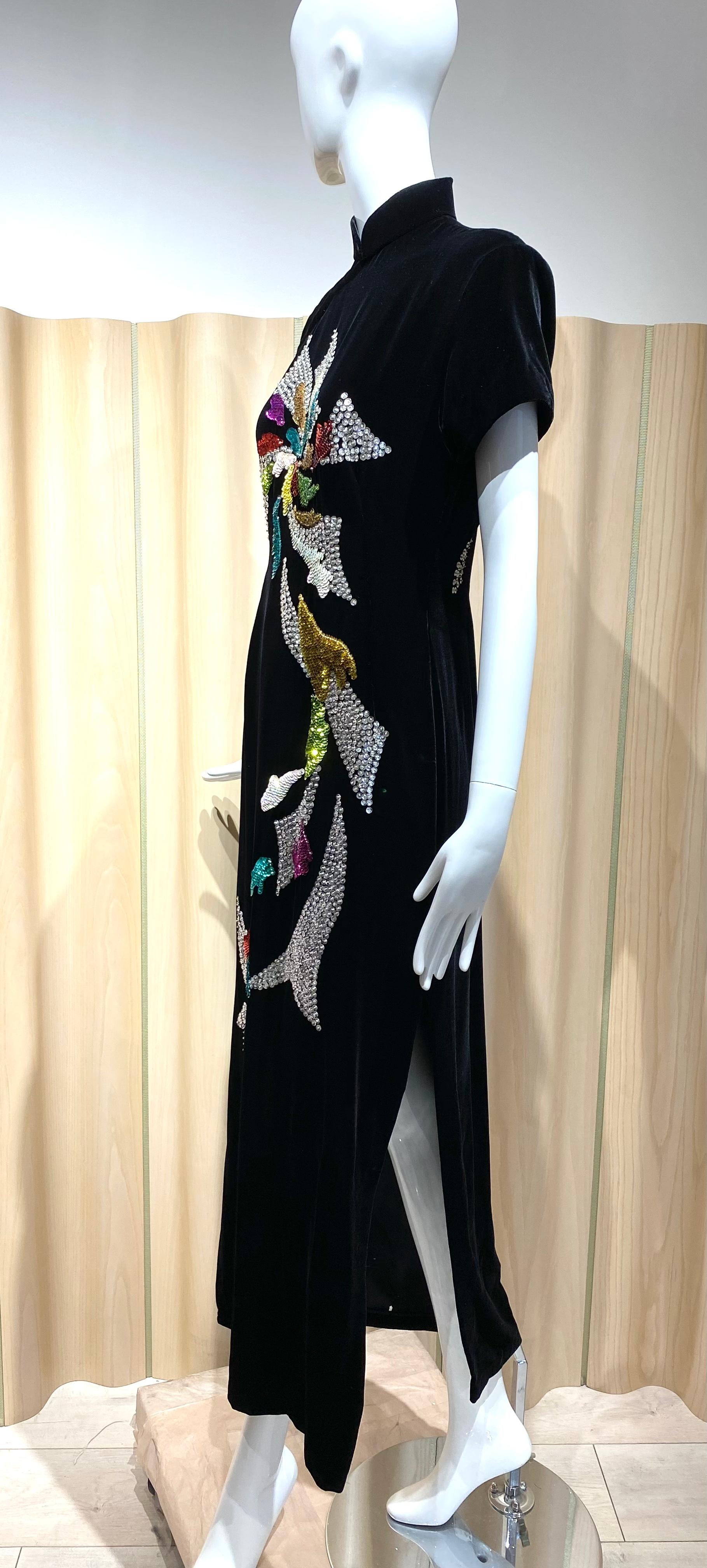 1970s Black Velvet Chinese Qi Pao Embroidered Cocktail Dress with Sequins  5