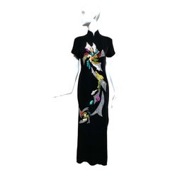 1970s Black Velvet Chinese Qi Pao Embroidered Cocktail Dress with Sequins 