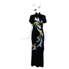 Retro 1970s Black Velvet Chinese Qi Pao Embroidered Cocktail Dress with Sequins 