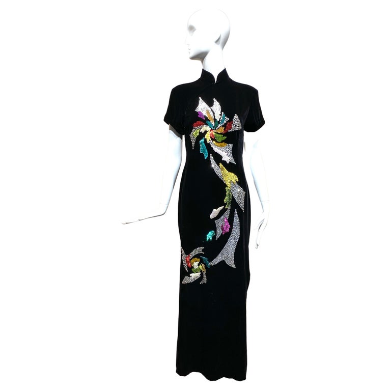 Black Embroidered Dragon Velvet Cheongsam Qi Pao Dress