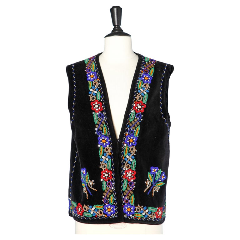 1970's Black velvet vest with beaded work and sequin  For Sale