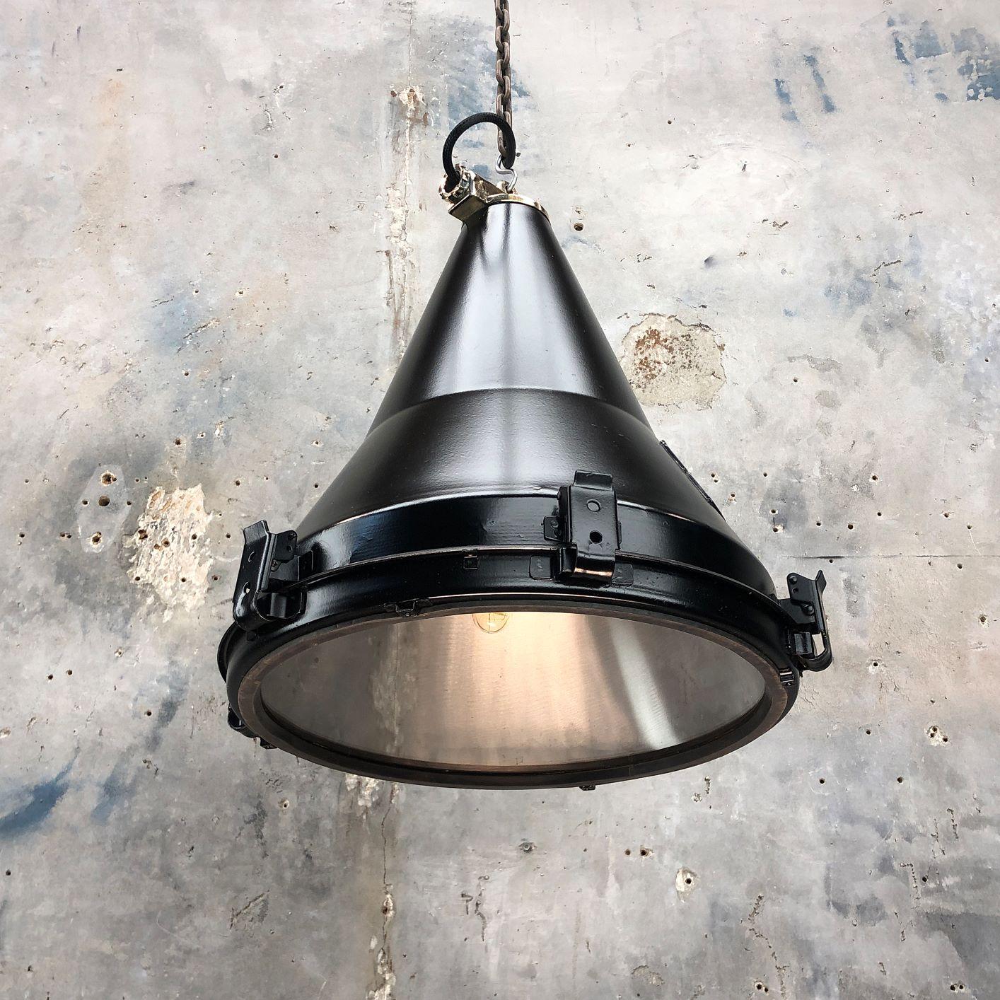 A vintage industrial black conical ceiling pendant by Daeyang made in South Korea, circa 1970. Reclaimed from cargo ships and professionally reclaimed by Loomlight in UK ready for modern interiors.
 
Specifications
Measures: Diameter 42