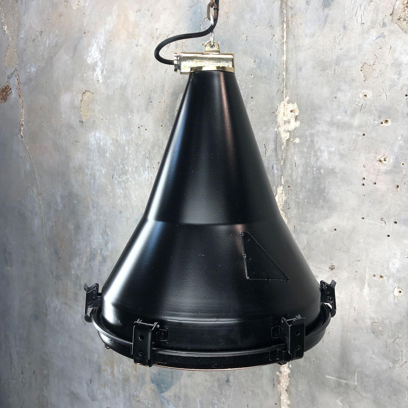 Brass 1970s Black Vintage Industrial Conical Ceiling Pendant by Daeyang