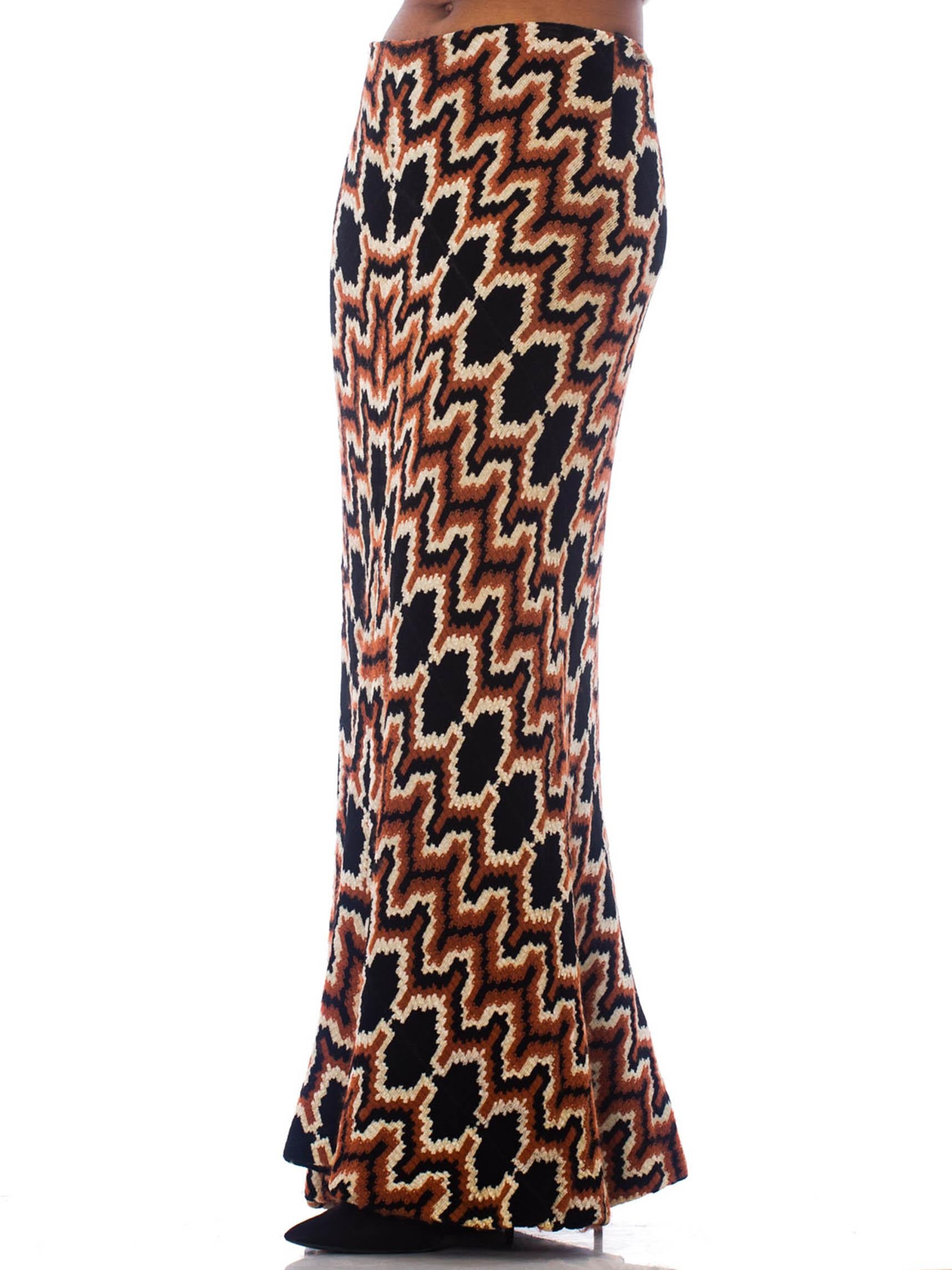 1970S Black, White & Copper Bias Cut Rayon Wool Italian Couture Zig Zag Chenille Maxi Skirt