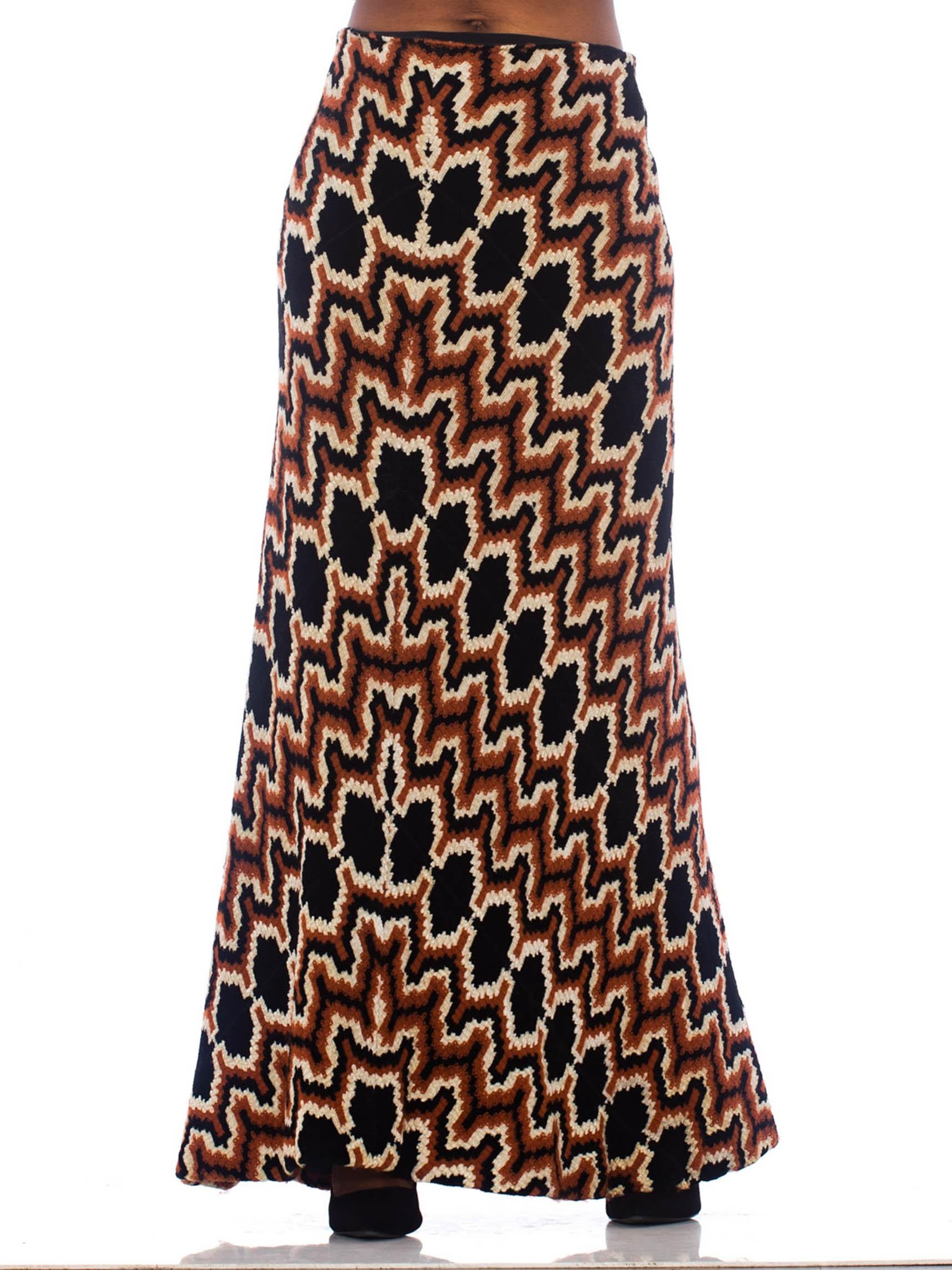 1970S Black, White & Copper Bias Cut Rayon Wool Italian Couture Zig Zag Chenill 1