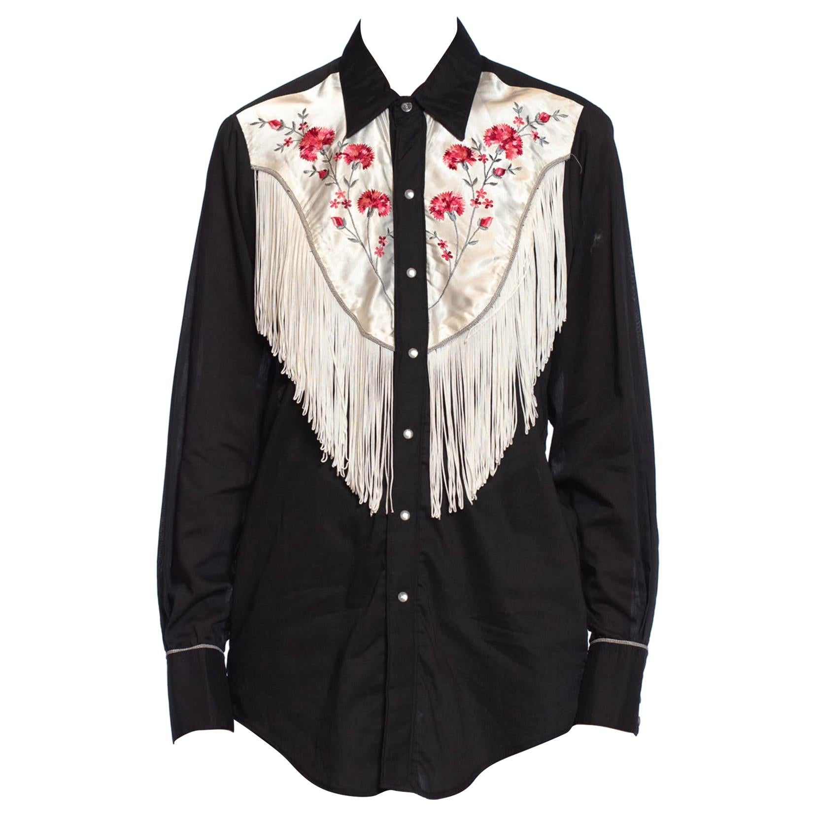 1970S Black & White Cotton Western Shirt With Fringe And Satin Floral Embroider