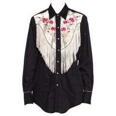 Retro 1970S Black & White Cotton Western Shirt With Fringe And Satin Floral Embroider