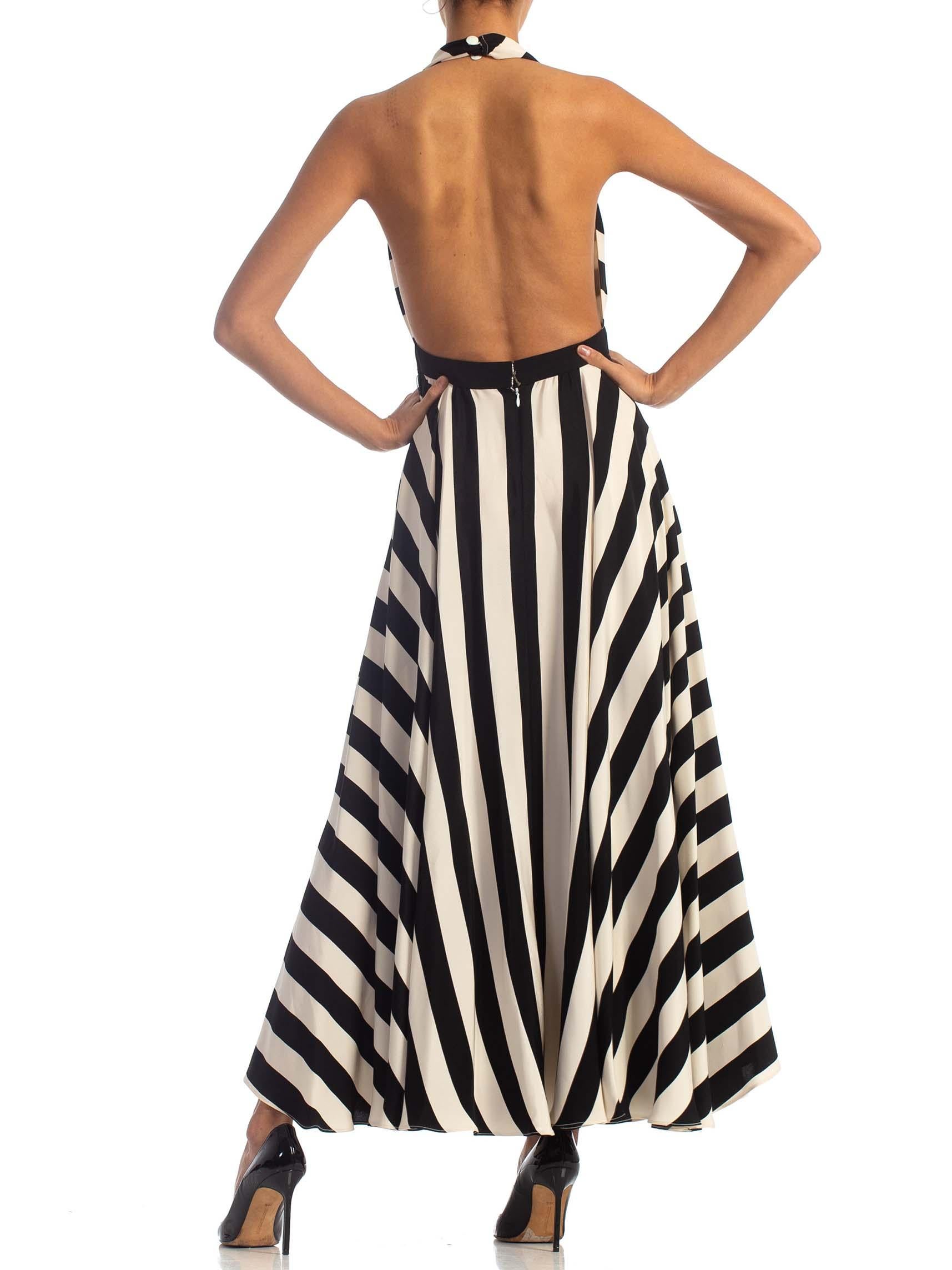 1970S Black & White Striped Silk Faille Backless Halter Gown With Slit Pockets 7