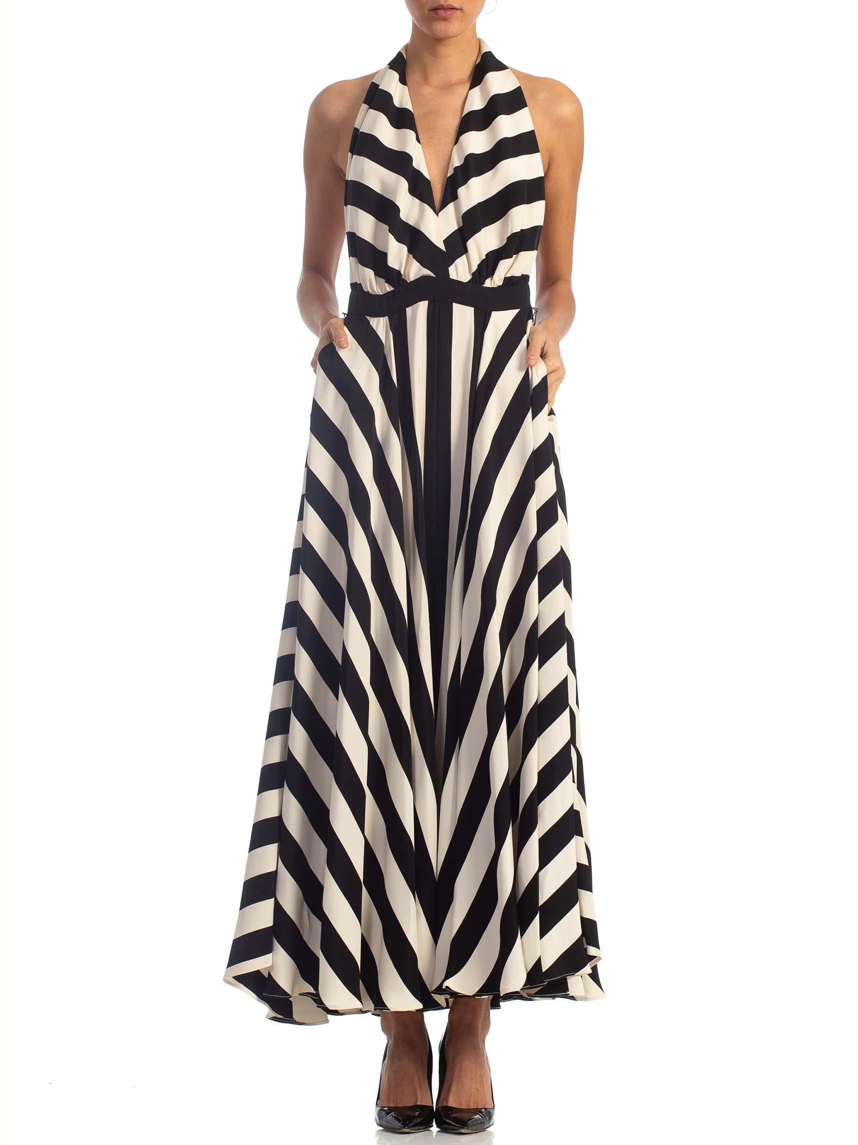 1970S Black & White Striped Silk Faille Backless Halter Gown With Slit Pockets In Excellent Condition In New York, NY