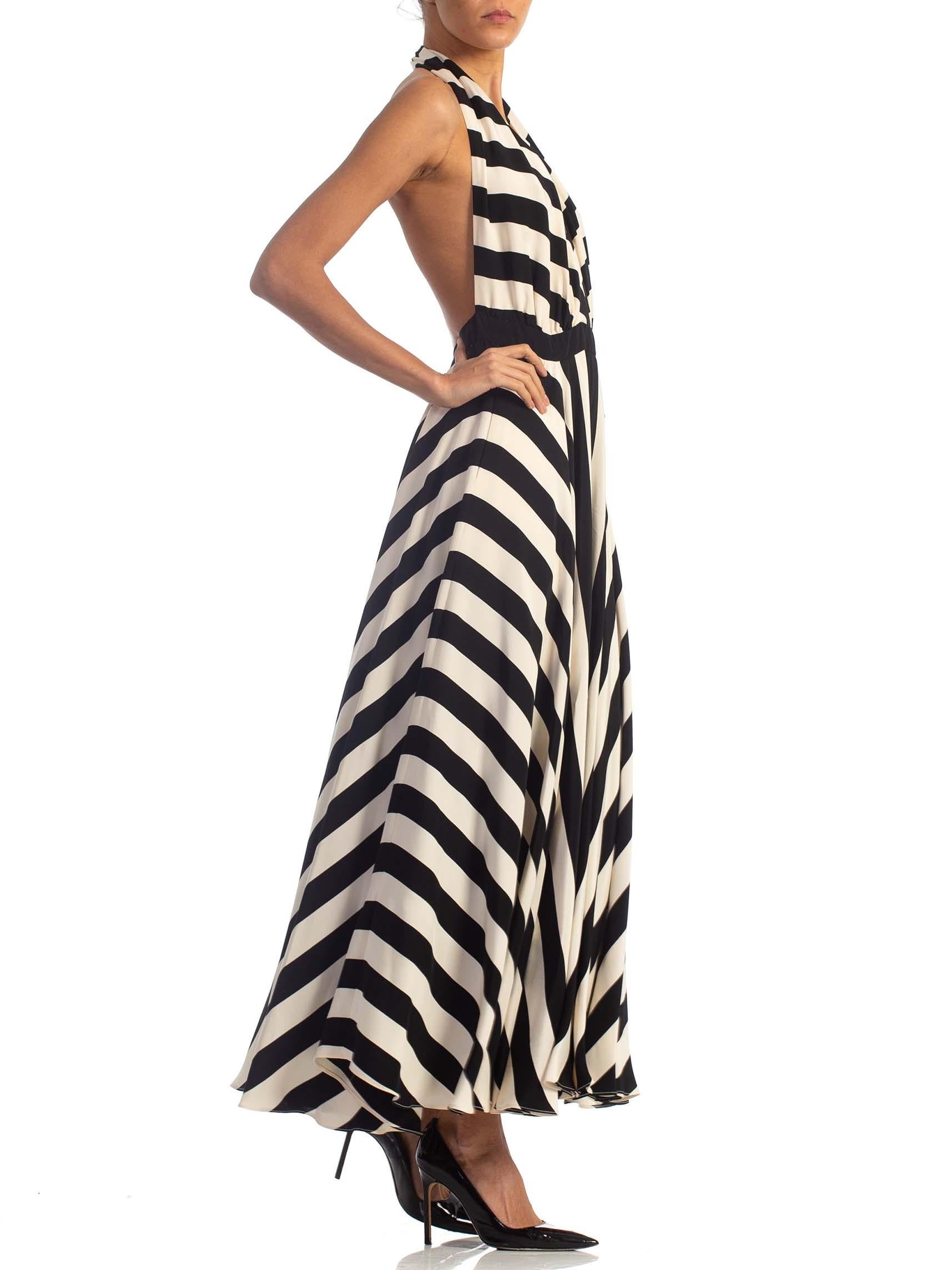 Women's 1970S Black & White Striped Silk Faille Backless Halter Gown With Slit Pockets