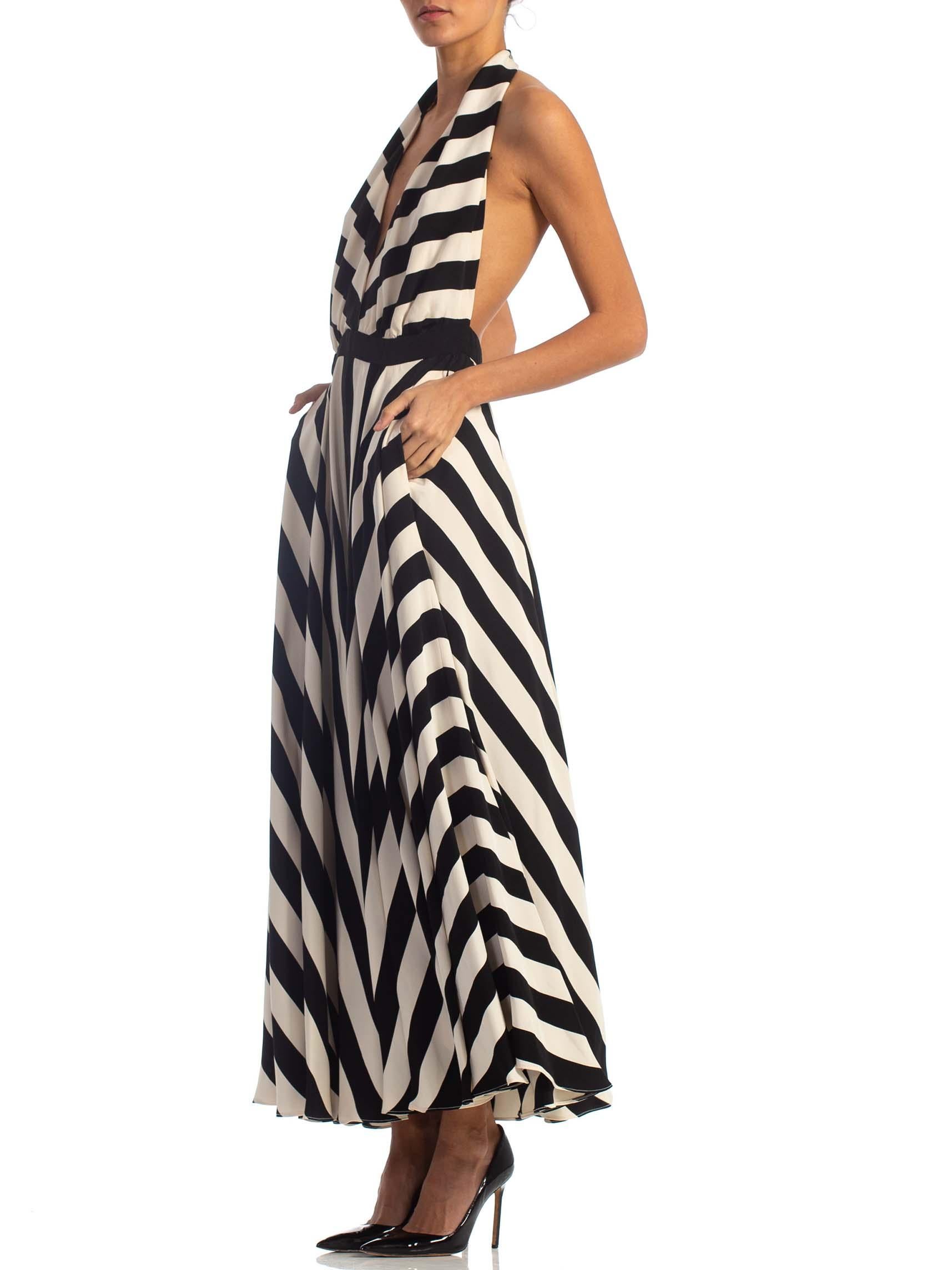 1970S Black & White Striped Silk Faille Backless Halter Gown With Slit Pockets 1