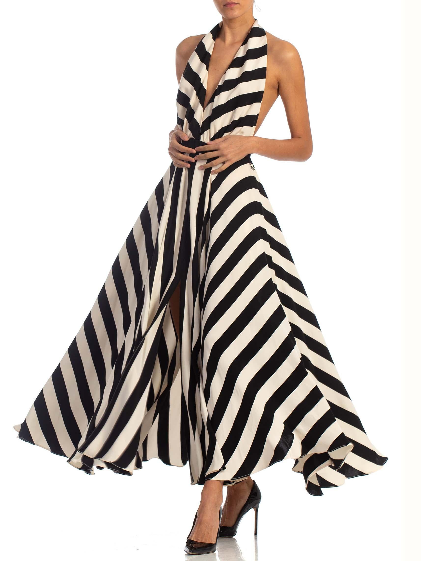 1970S Black & White Striped Silk Faille Backless Halter Gown With Slit Pockets 2