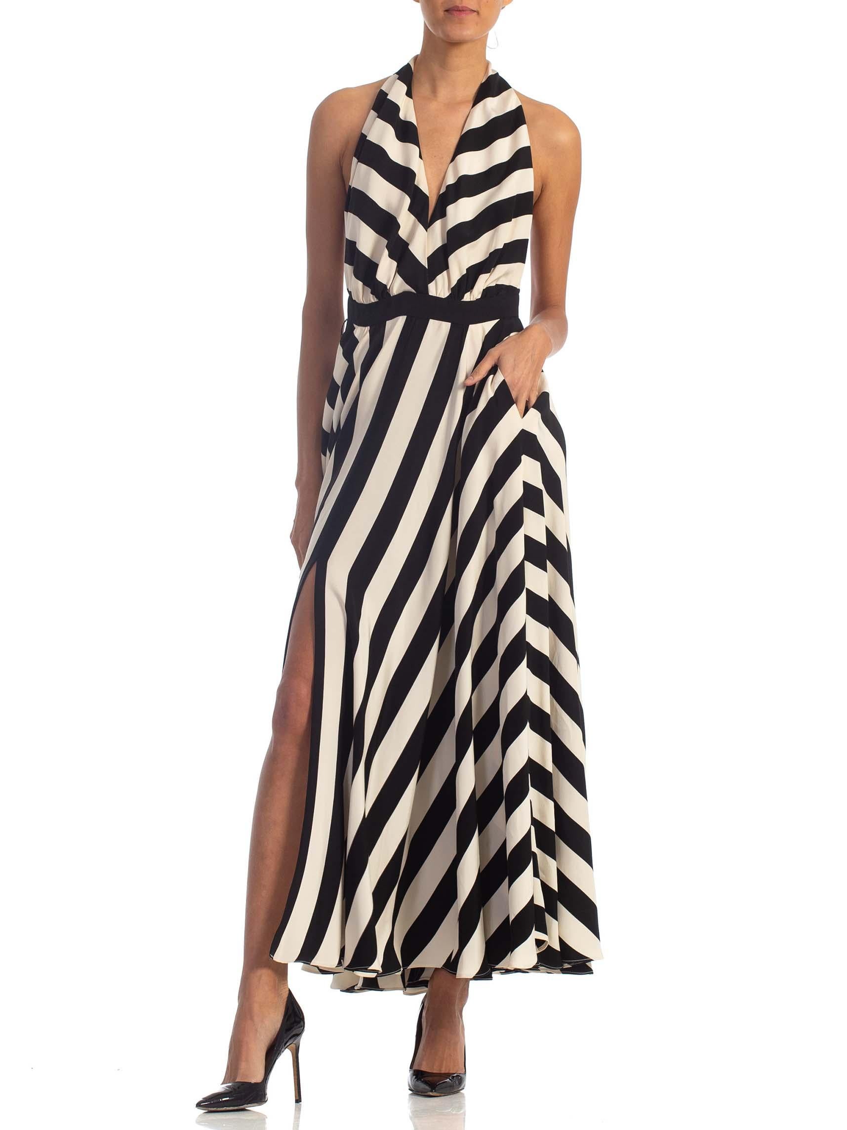 1970S Black & White Striped Silk Faille Backless Halter Gown With Slit Pockets 3