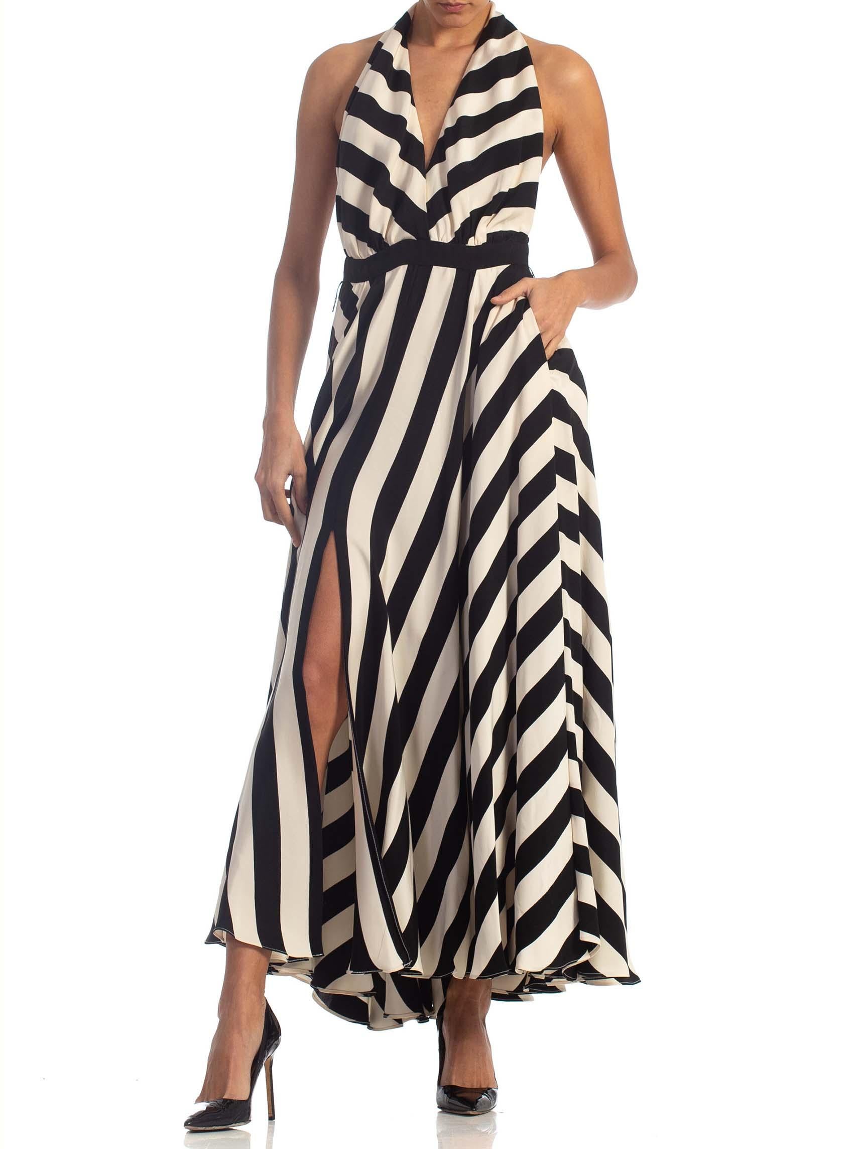 1970S Black & White Striped Silk Faille Backless Halter Gown With Slit Pockets 4