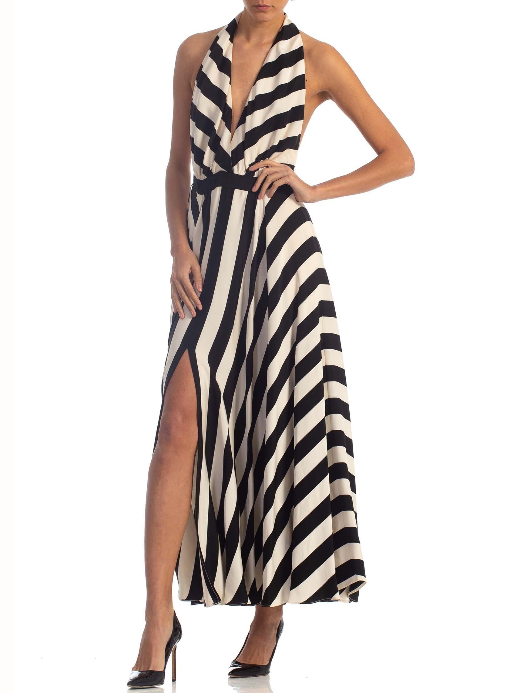 1970S Black & White Striped Silk Faille Backless Halter Gown With Slit Pockets 5